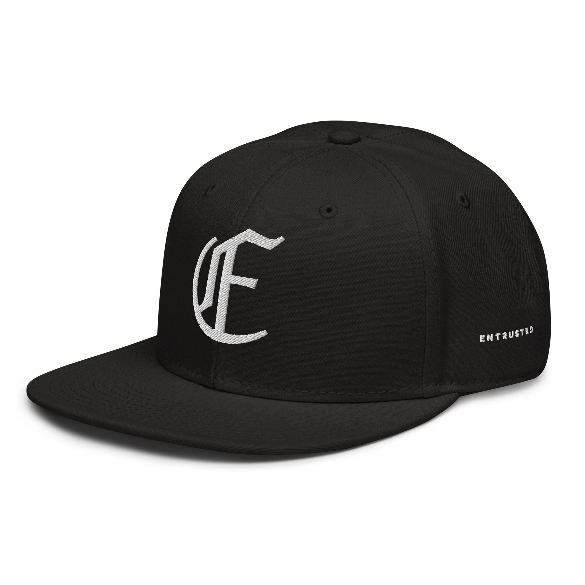 Image of Entrusted 3D Puff Christian cap black left front view — Entrusted to Him