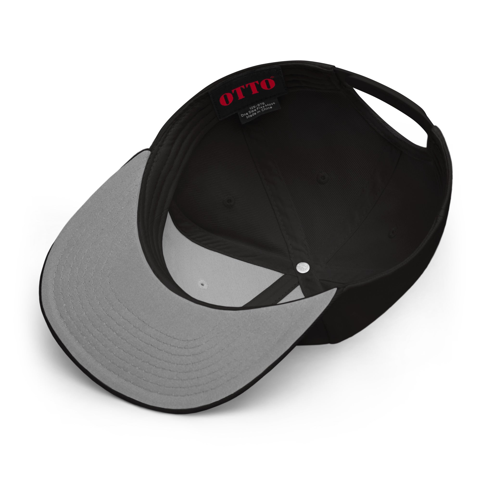 Image of One Way black-on-black snapback hat, underside view showing the under-visor and inside of the crown