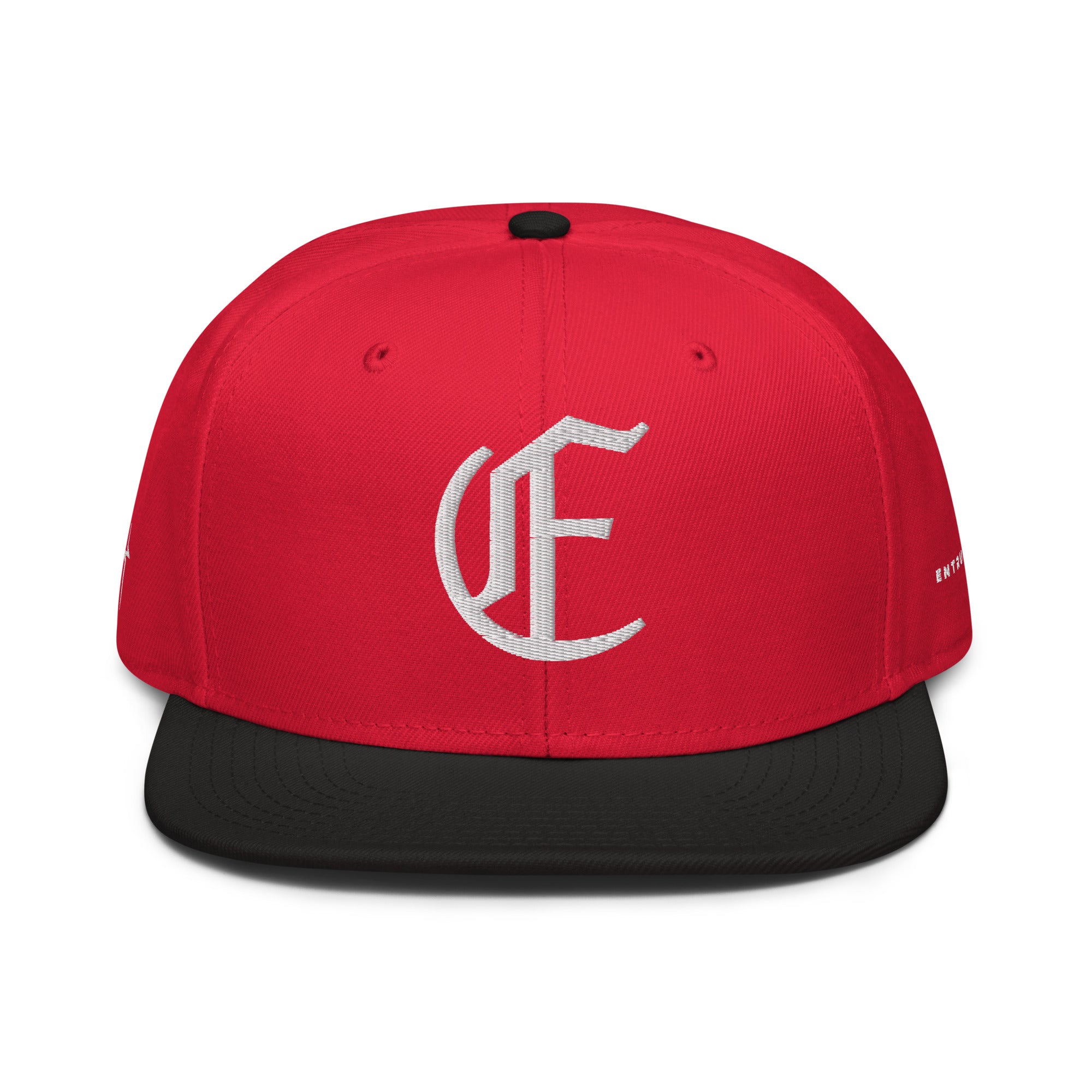 Image of Entrusted 3D Puff Christian cap black red front view — Entrusted to Him