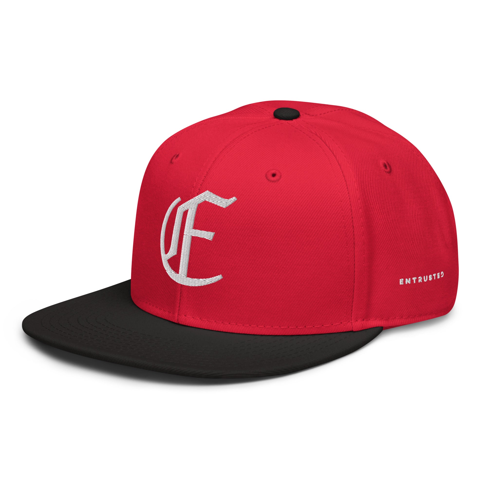 Image of Entrusted 3D Puff Christian snapback hat black red left front view — Entrusted to Him