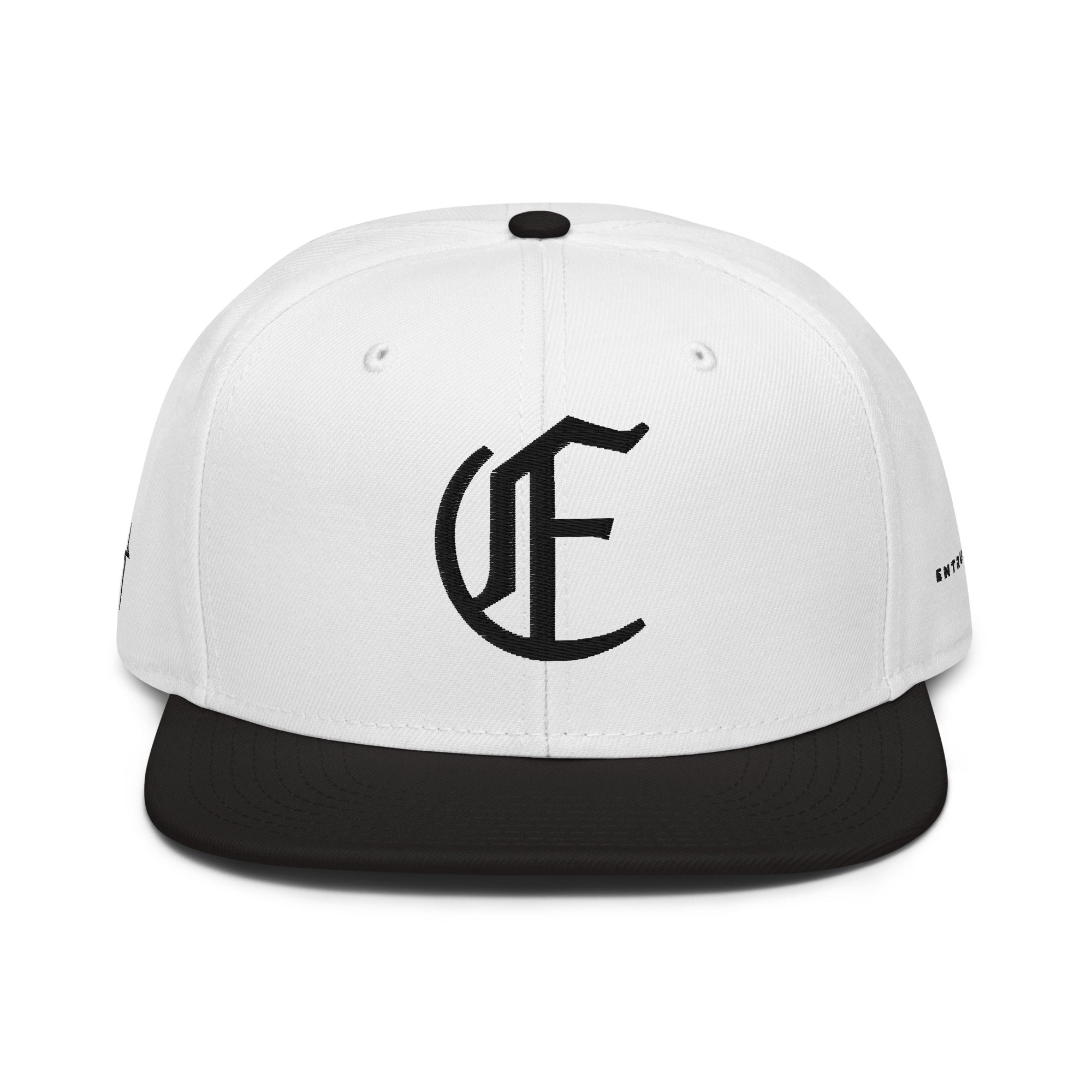 Image of Entrusted 3D Puff Christian snapback hat black white front view — Entrusted to Him