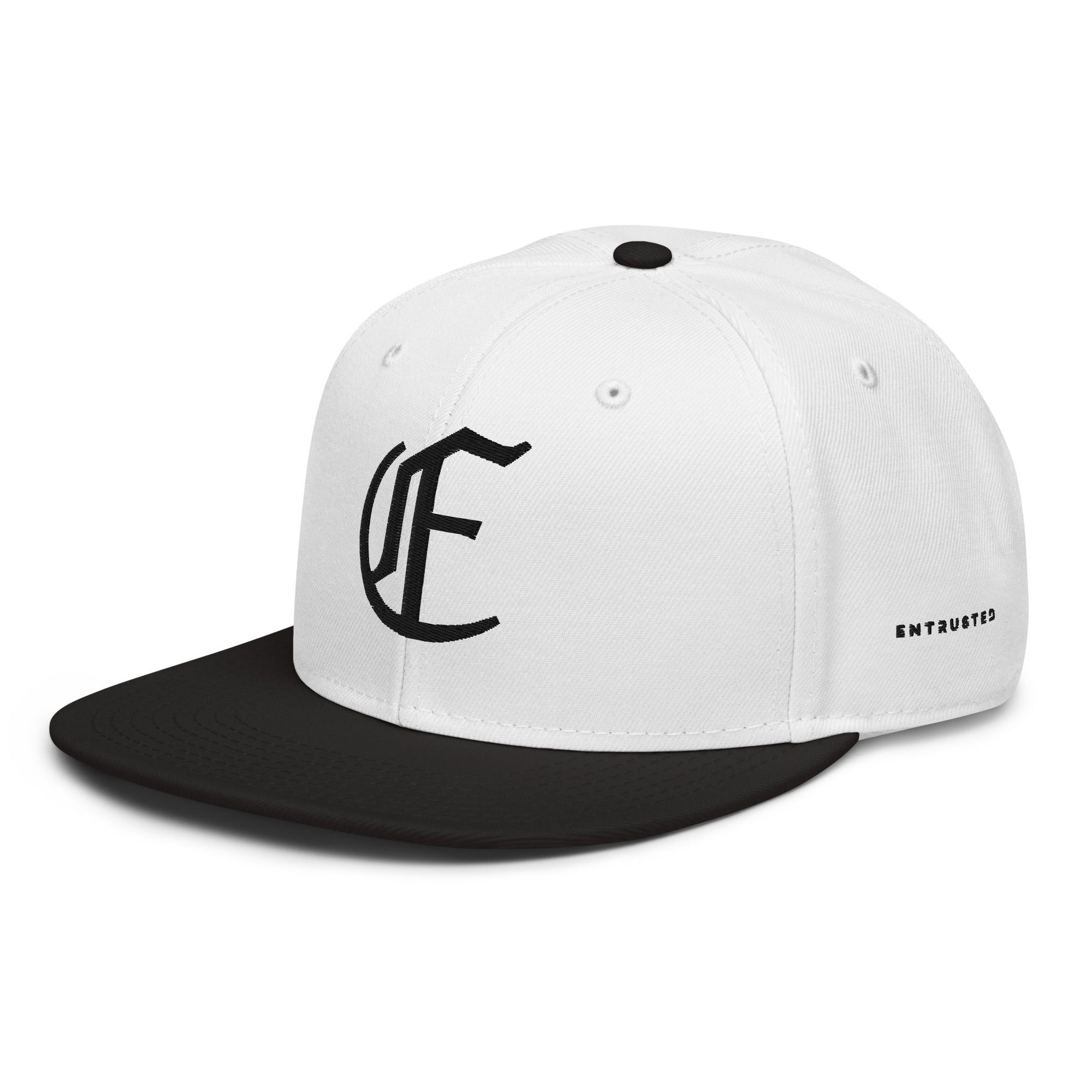 Image of Entrusted 3D Puff Christian hat black white left front view — Entrusted to Him