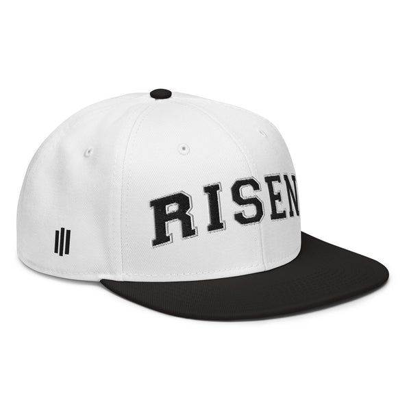 Risen Varsity Edition Christian snapback white black — Entrusted to Him
