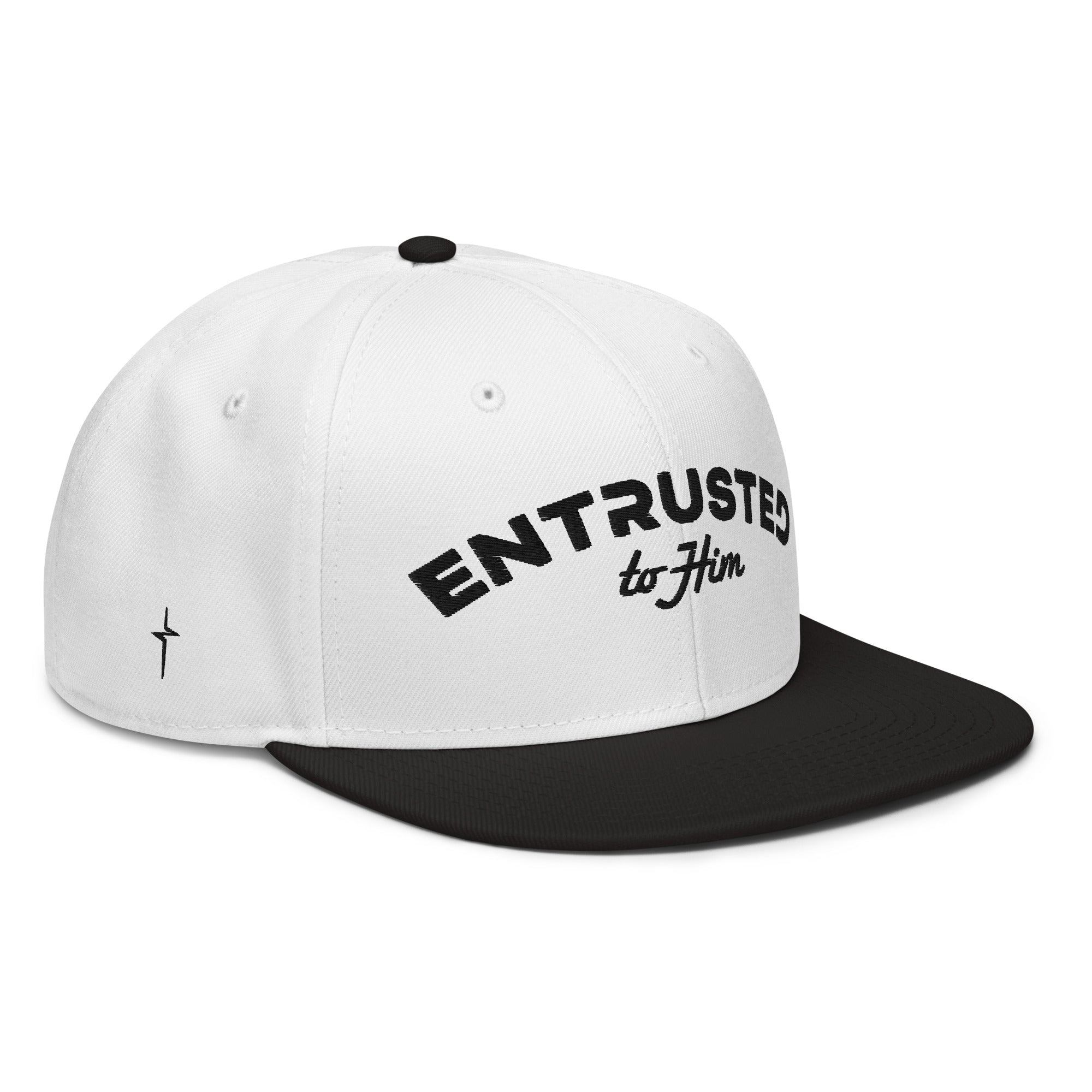 Image of Entrusted Curved Christian snapback hat black white right front view — Entrusted to Him
