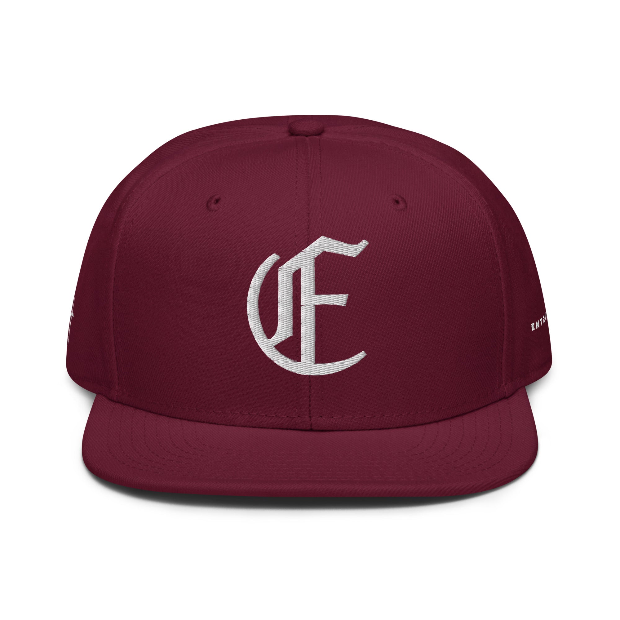 Image of  Entrusted 3D Puff Christian snapback hat burgundy front view — Entrusted to Him