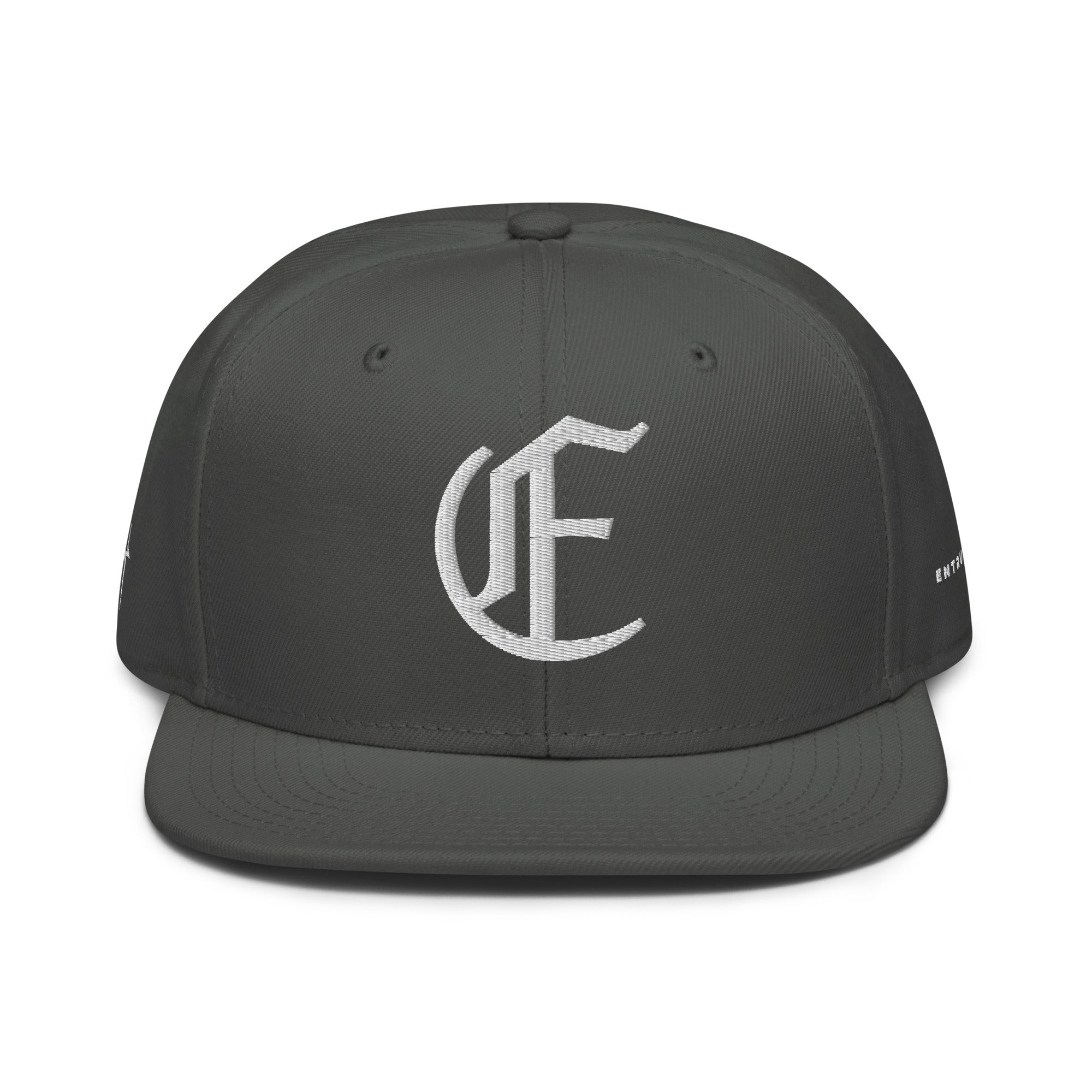 Image of Entrusted 3D Puff Christian snapback hat charcoal gray front view — Entrusted to Him