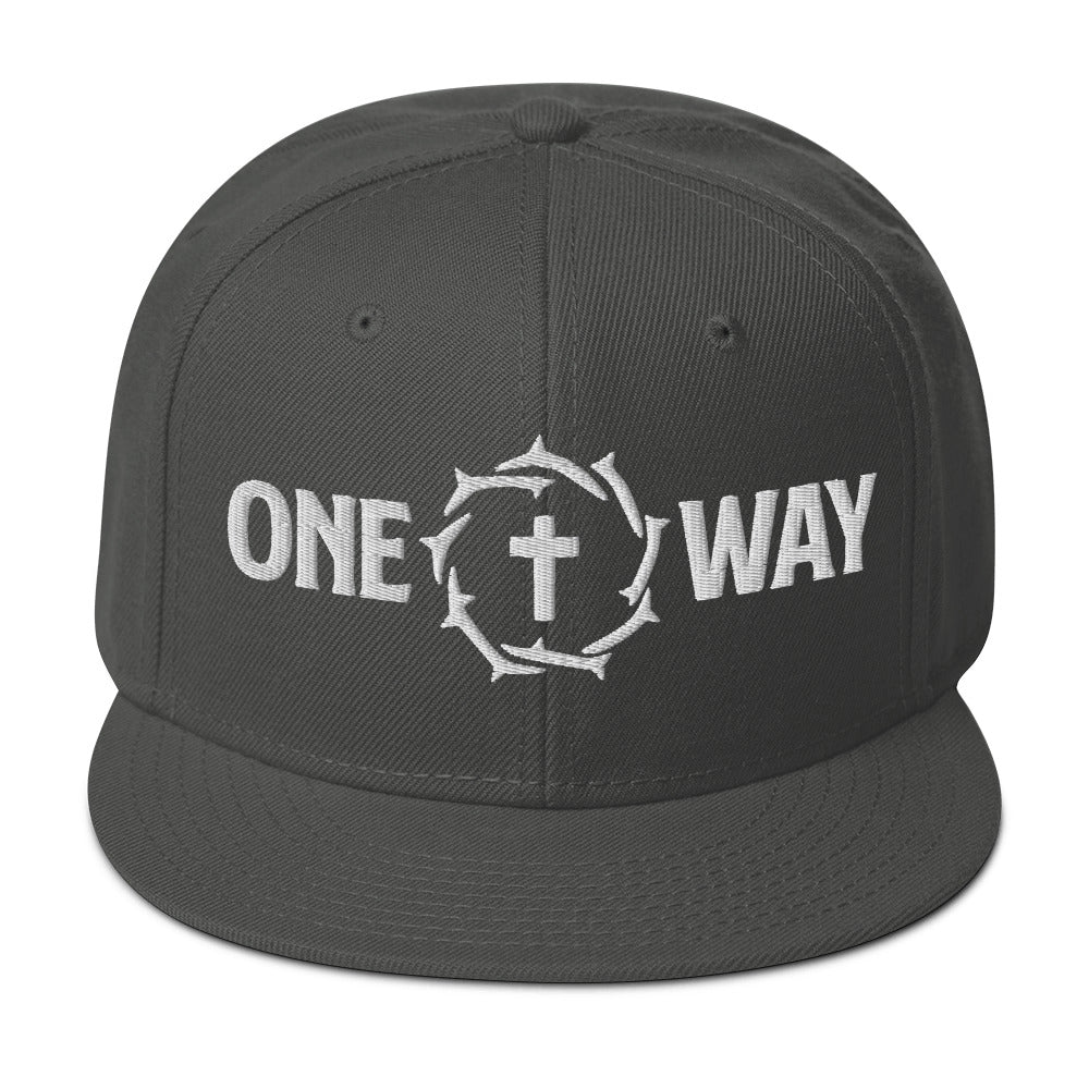 Image of One Way embroidered snapback hat in charcoal gray with cross and crown of thorns design, front view