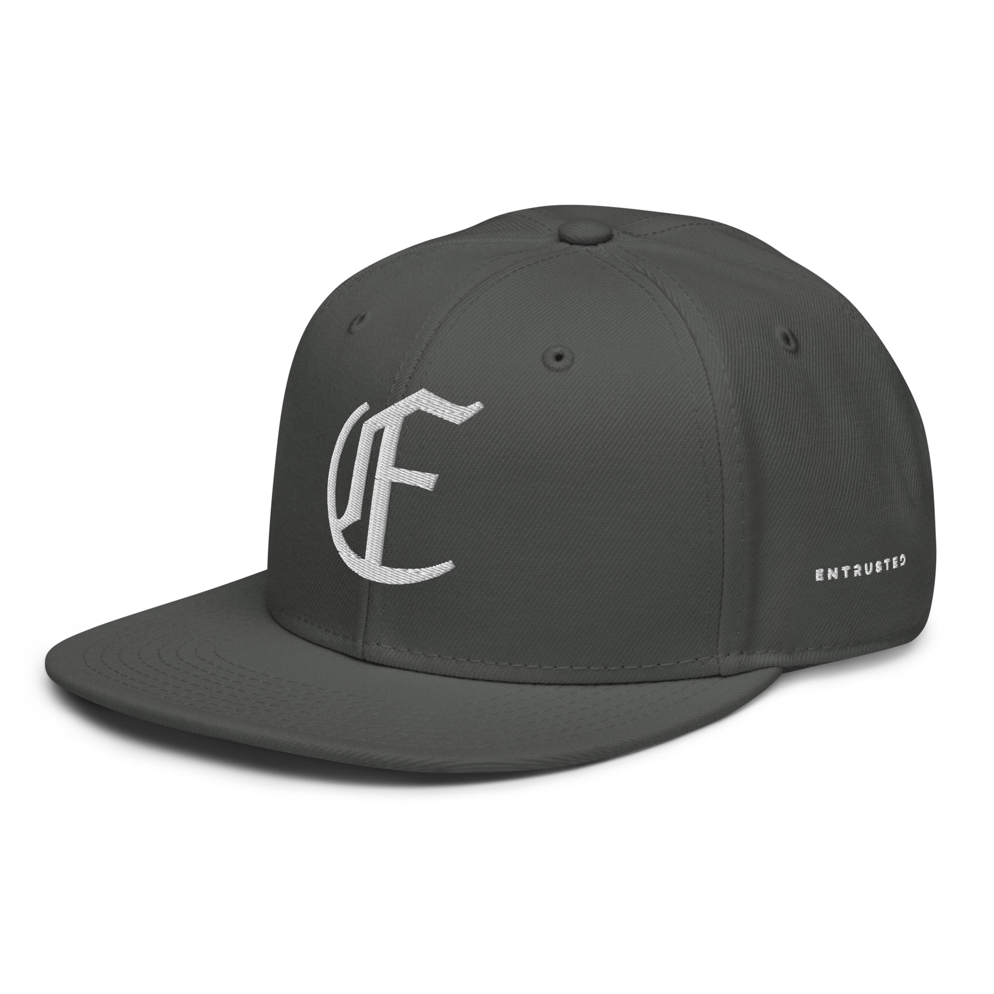 Image of Entrusted 3D Puff Christian cap charcoal gray left front view — Entrusted to Him