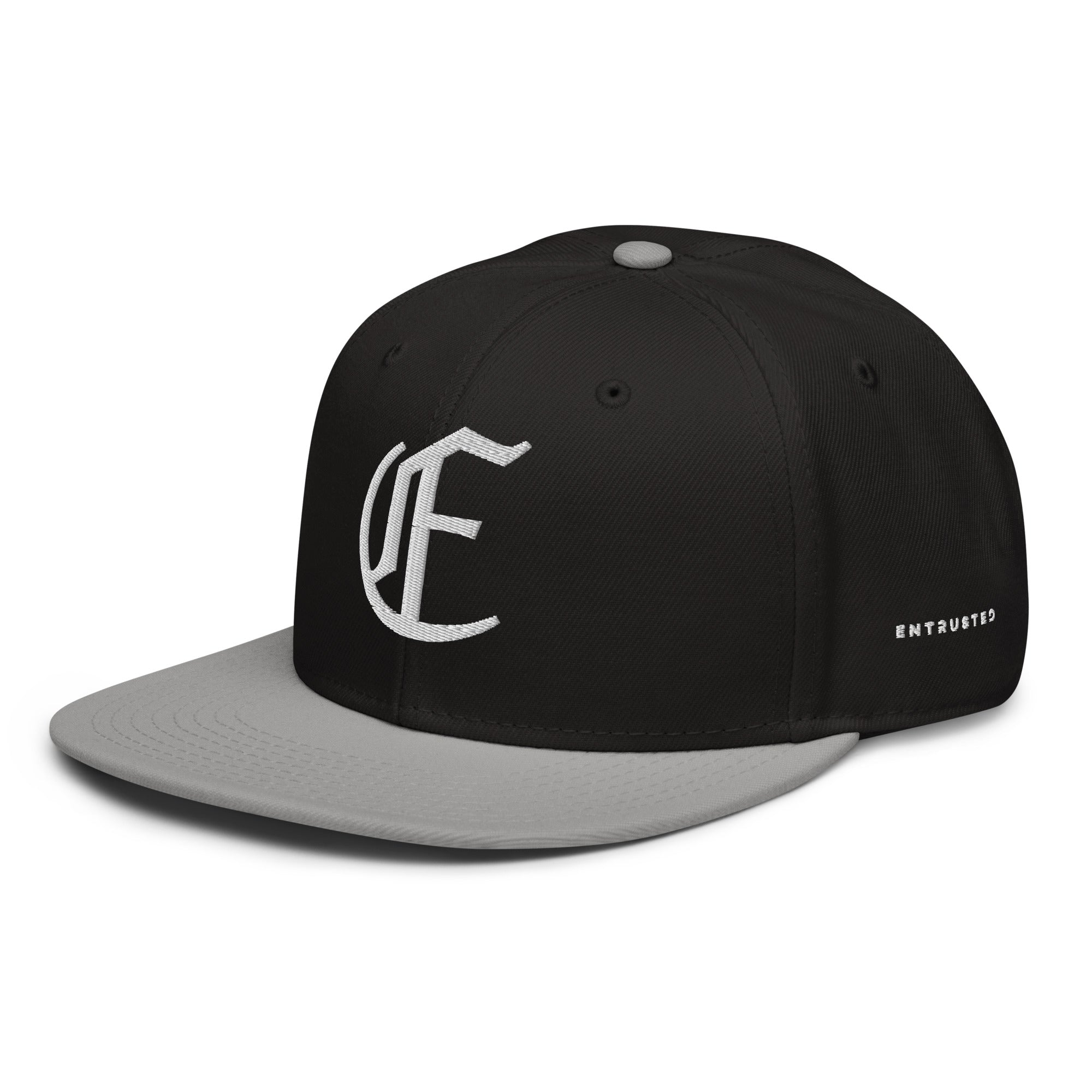 Image of Entrusted 3D Puff Christian snapback hat gray black left front view — Entrusted to Him