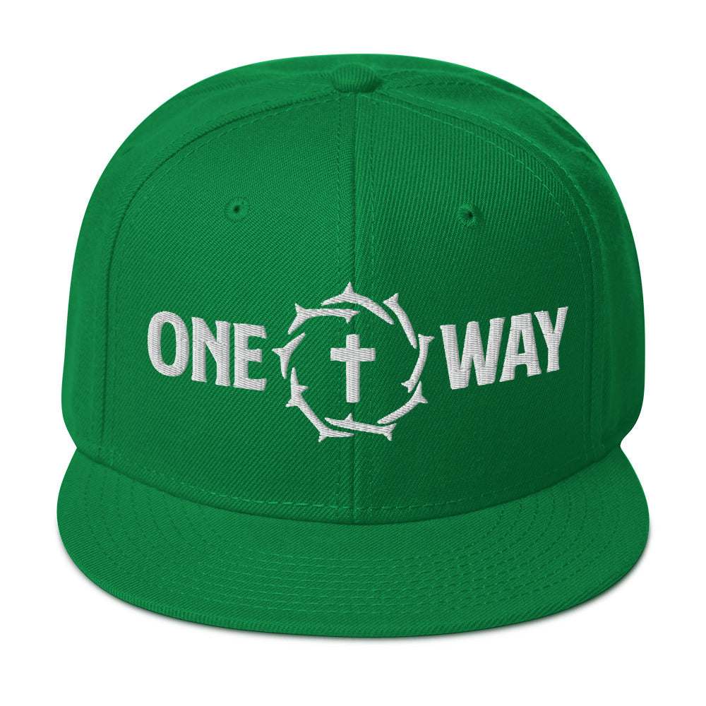 Image of One Way embroidered snapback hat in kelly green with cross and crown of thorns design, front view