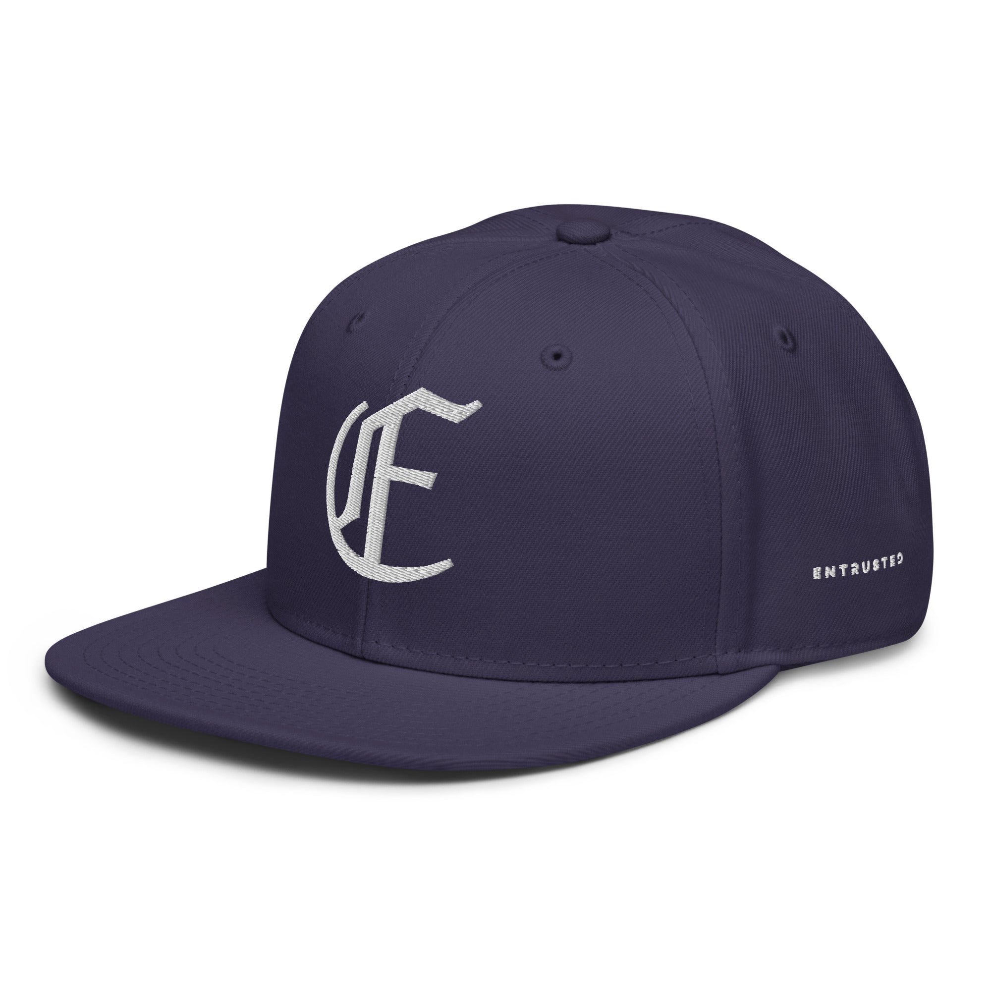 Image of Entrusted 3D Puff Christian cap navy blue left front view — Entrusted to Him