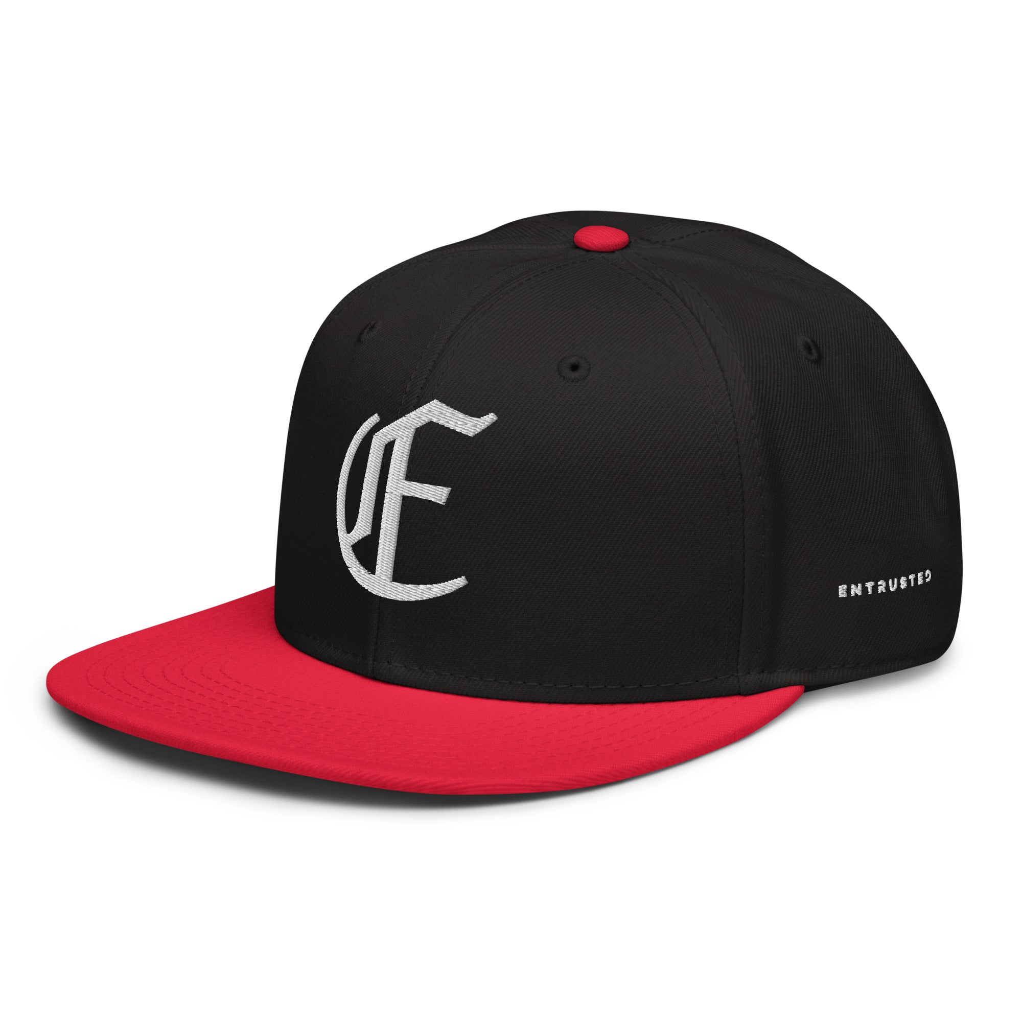 Image of Entrusted 3D Puff Christian cap red black left front view — Entrusted to Him