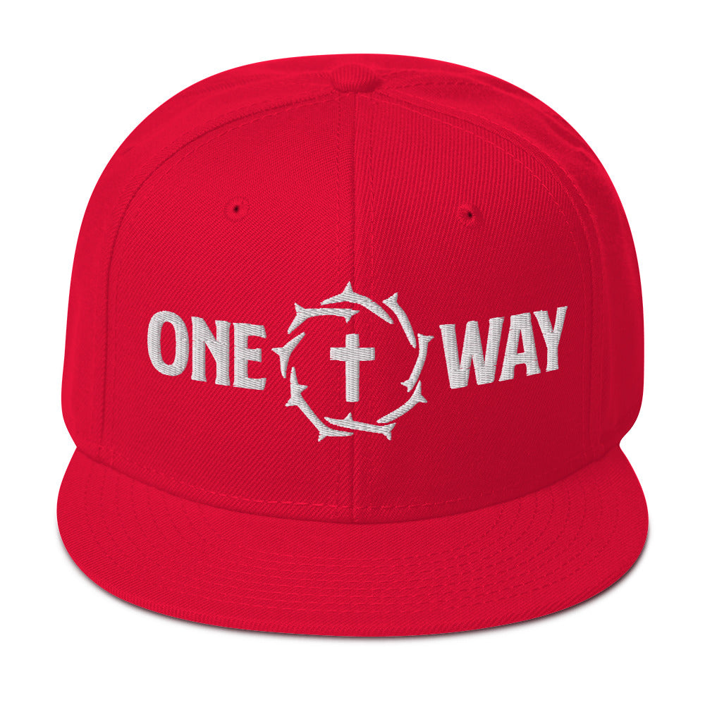 One Way embroidered snapback hat in red with cross and crown of thorns design, front view