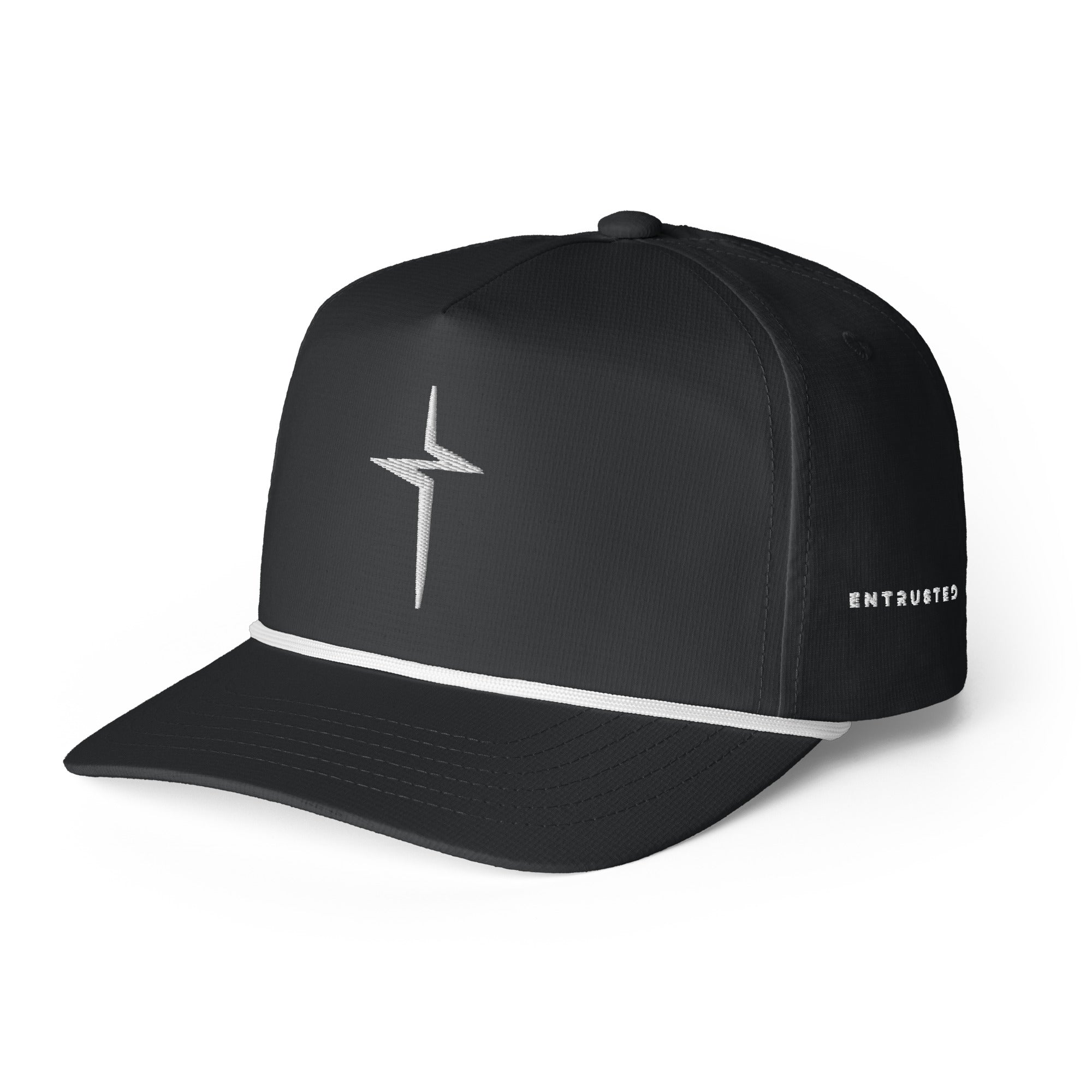 Image of Black Entrusted 3D Puff Rope Cap, three-quarter view with ENTRUSTED lettering on the side panel