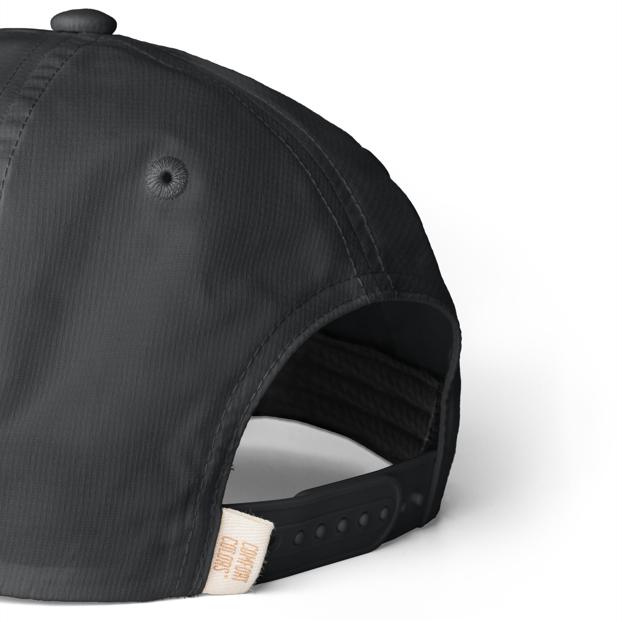 Image of Black Entrusted 3D Puff Rope Cap, close-up of the ripstop fabric and snapback strap