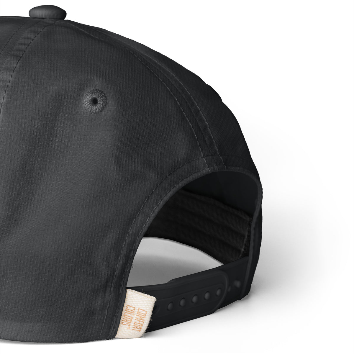 Black Entrusted 3D Puff Rope Cap, close-up of the ripstop fabric and snapback strap