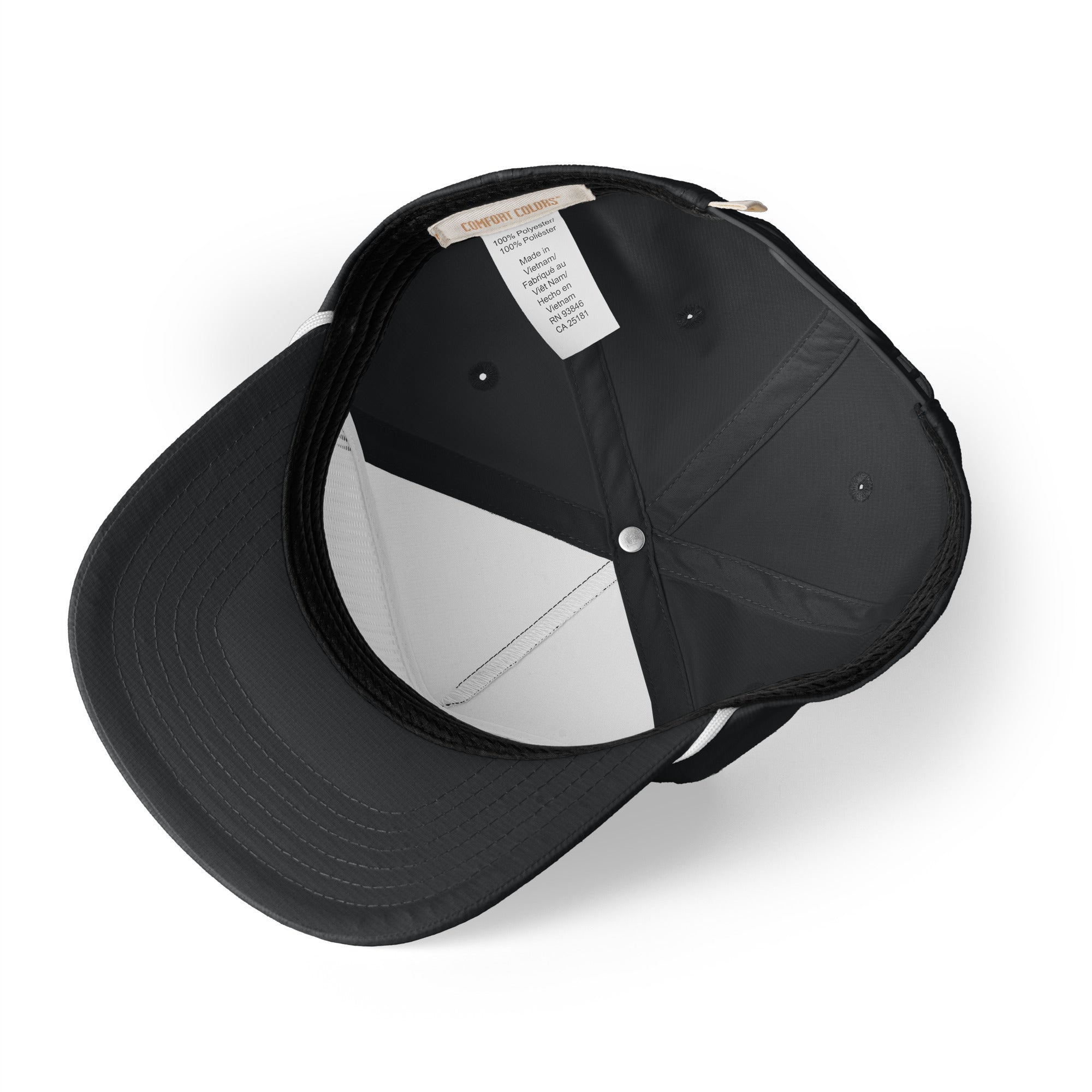 Image of Black Entrusted 3D Puff Rope Cap, inside view showing the performance sweatband and label