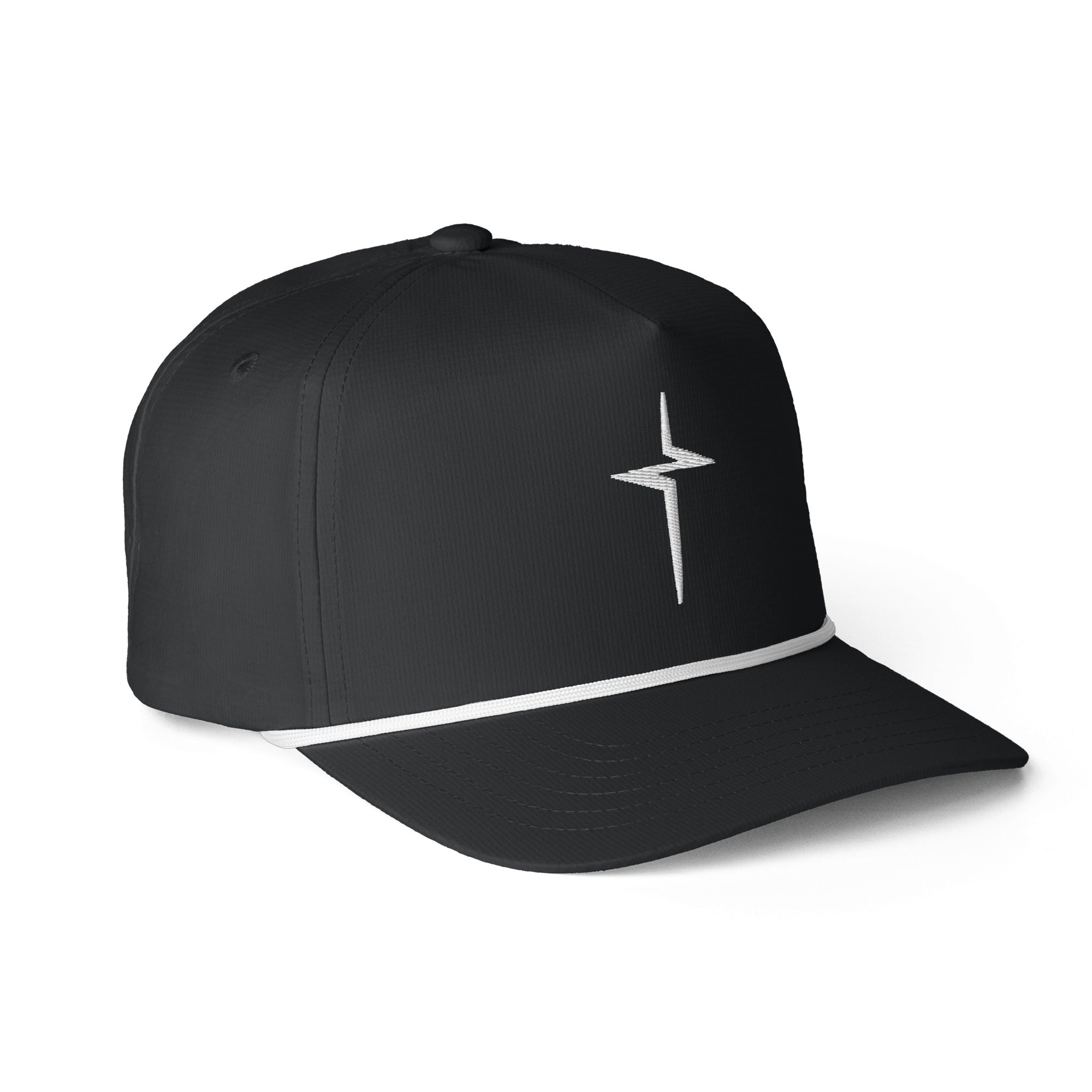 Image of Black Entrusted 3D Puff Rope Cap, three-quarter view showing the 3D puff cross and curved bill