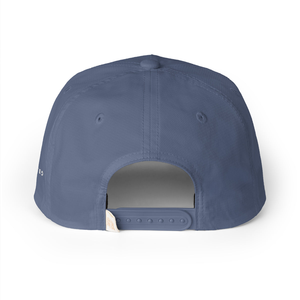 Blue jean Entrusted 3D Puff Rope Cap, back view with plastic snapback closure and woven label