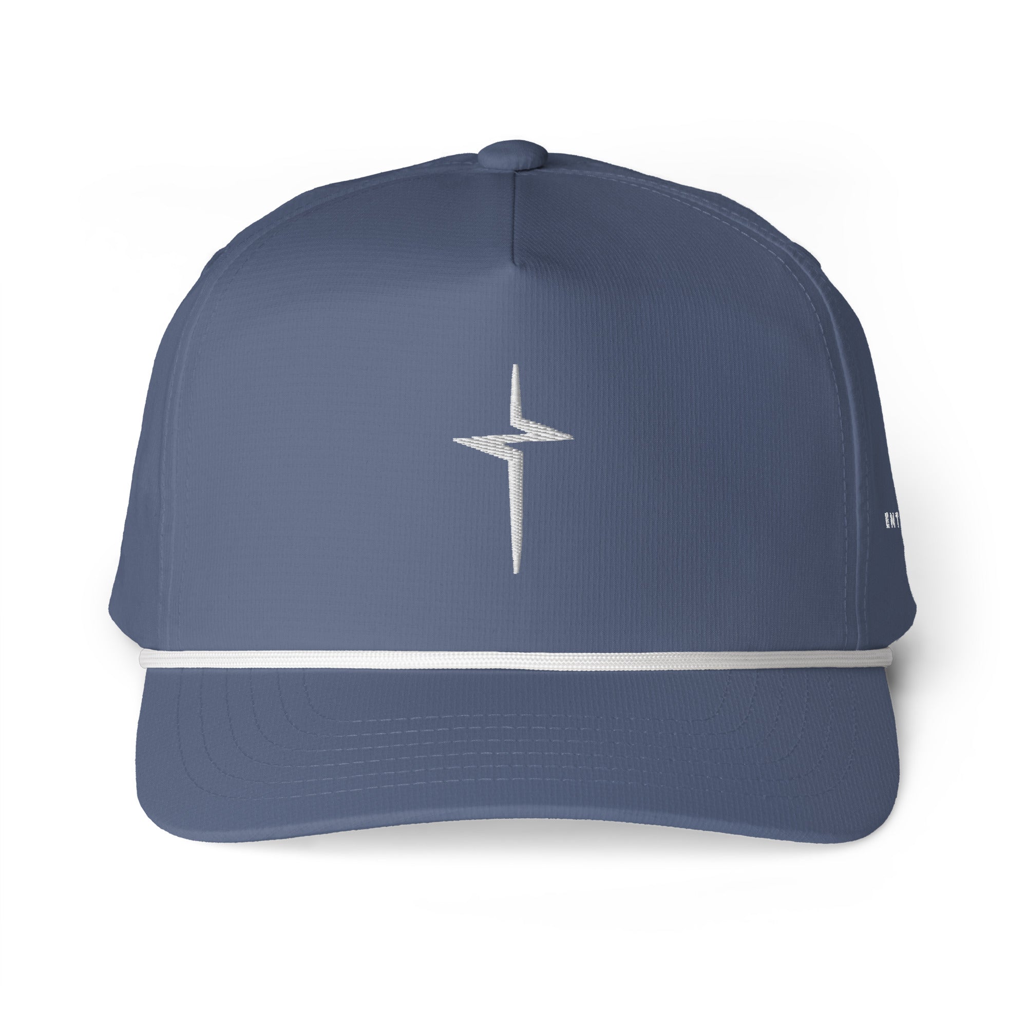 Image of Blue jean Entrusted 3D Puff Rope Cap, front view, 3D puff embroidered cross above a white rope trim
