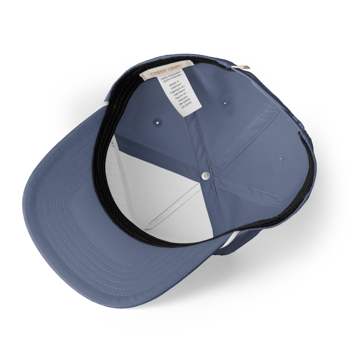 Blue jean Entrusted 3D Puff Rope Cap, inside view showing the performance sweatband and label
