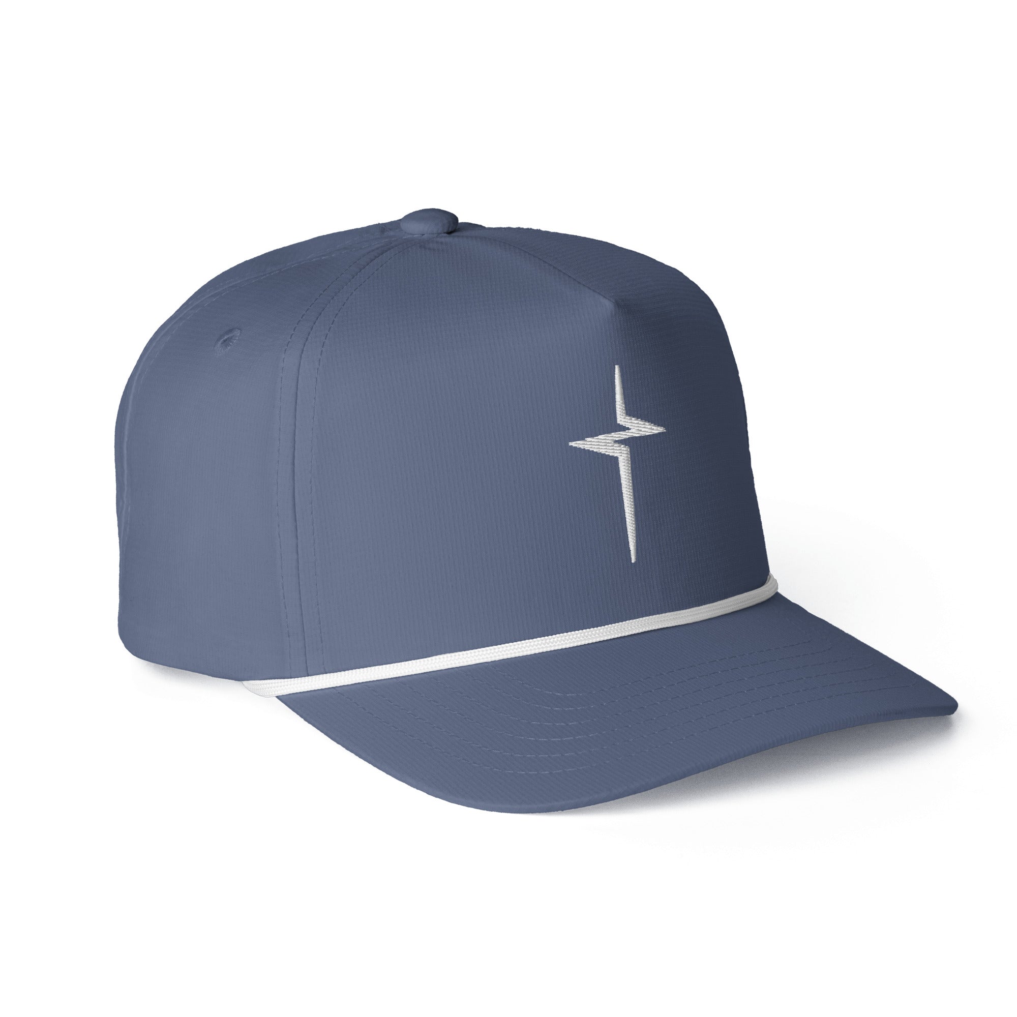 Image of Blue jean Entrusted 3D Puff Rope Cap, three-quarter view showing the 3D puff cross and curved bill
