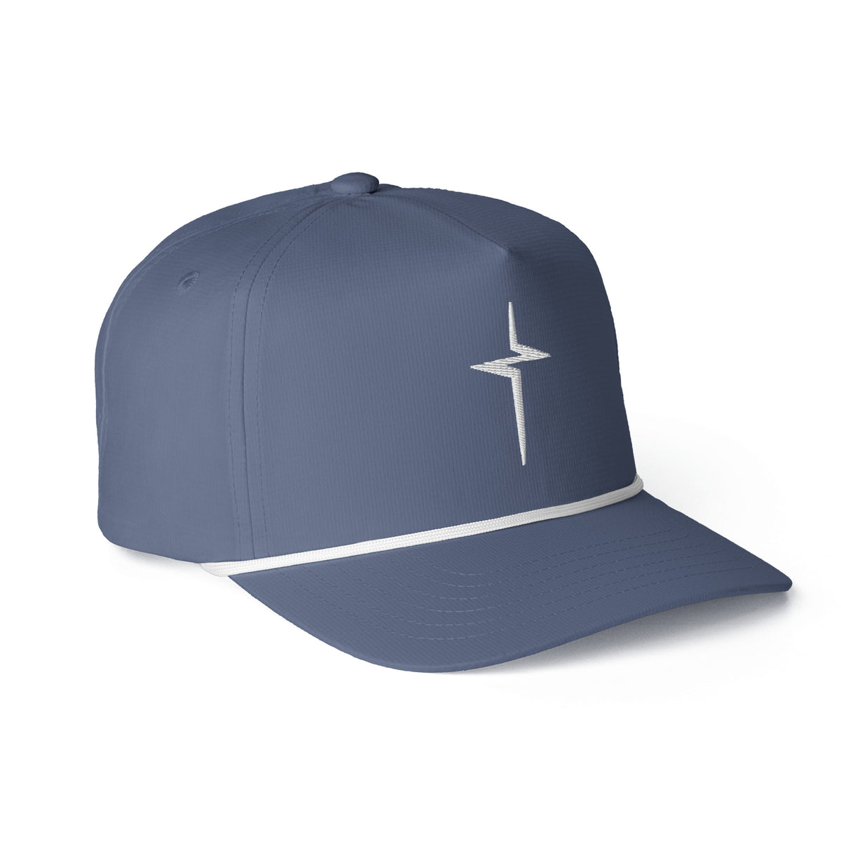 Blue jean Entrusted 3D Puff Rope Cap, three-quarter view showing the 3D puff cross and curved bill