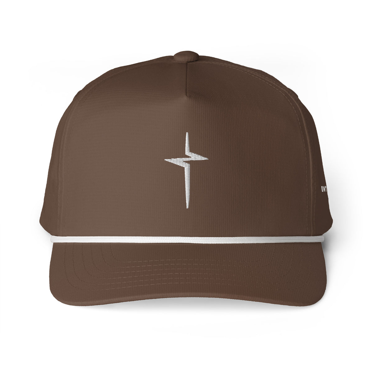 Espresso brown Entrusted 3D Puff Rope Cap, front view, 3D puff embroidered cross above a white rope trim