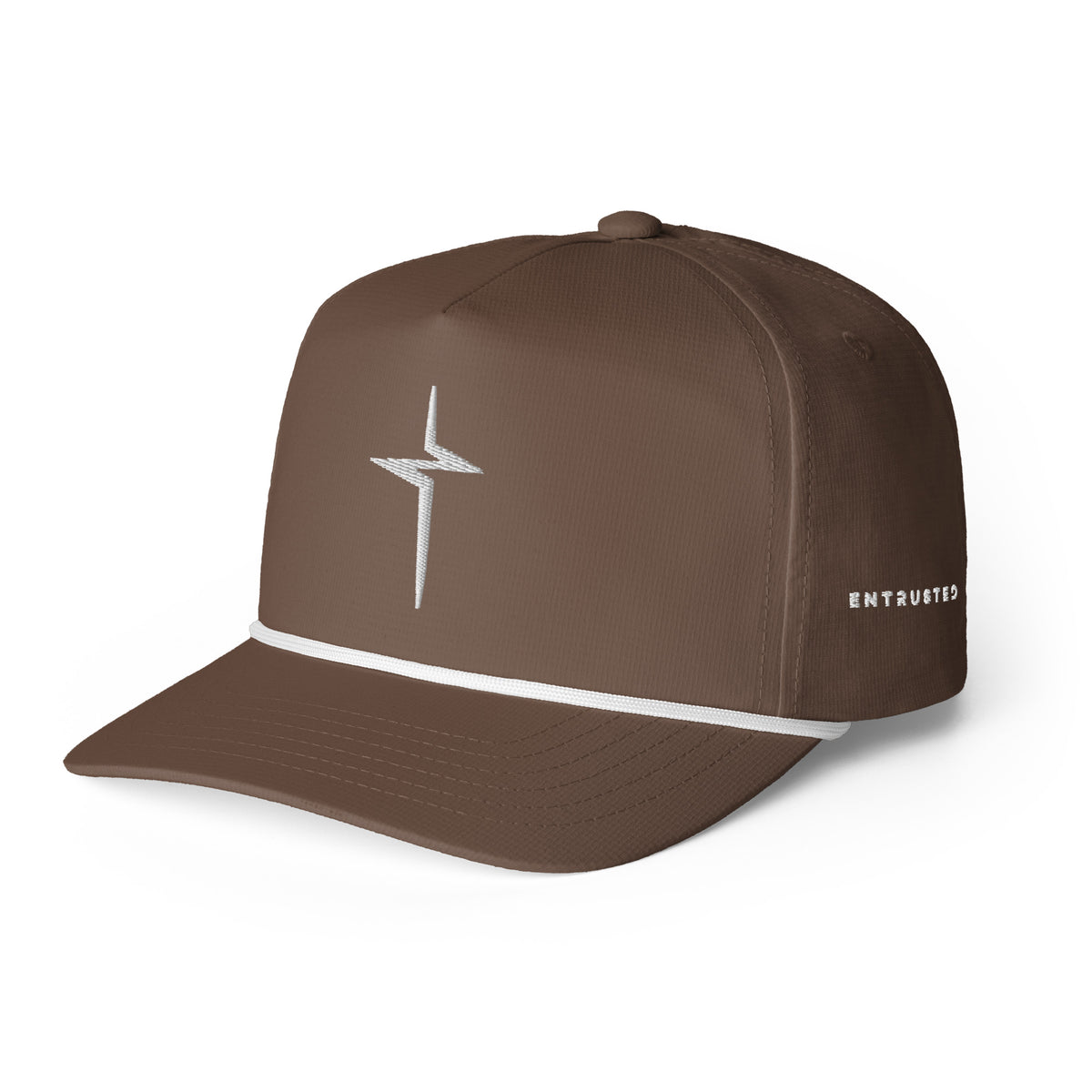 Espresso brown Entrusted 3D Puff Rope Cap, three-quarter view with ENTRUSTED lettering on the side panel