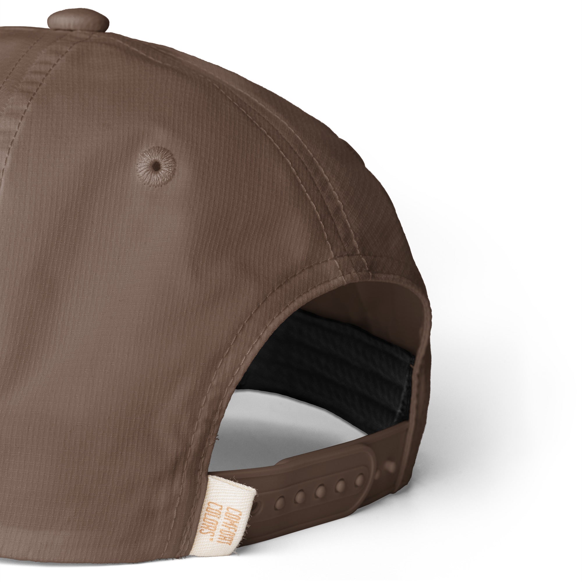 Image of Espresso brown Entrusted 3D Puff Rope Cap, close-up of the ripstop fabric and snapback strap