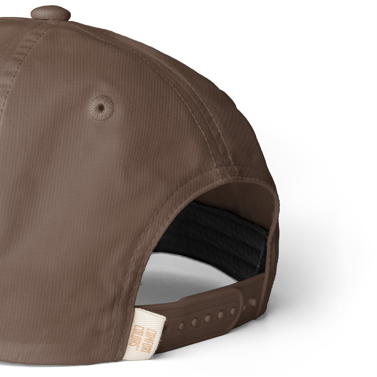 Espresso brown Entrusted 3D Puff Rope Cap, close-up of the ripstop fabric and snapback strap