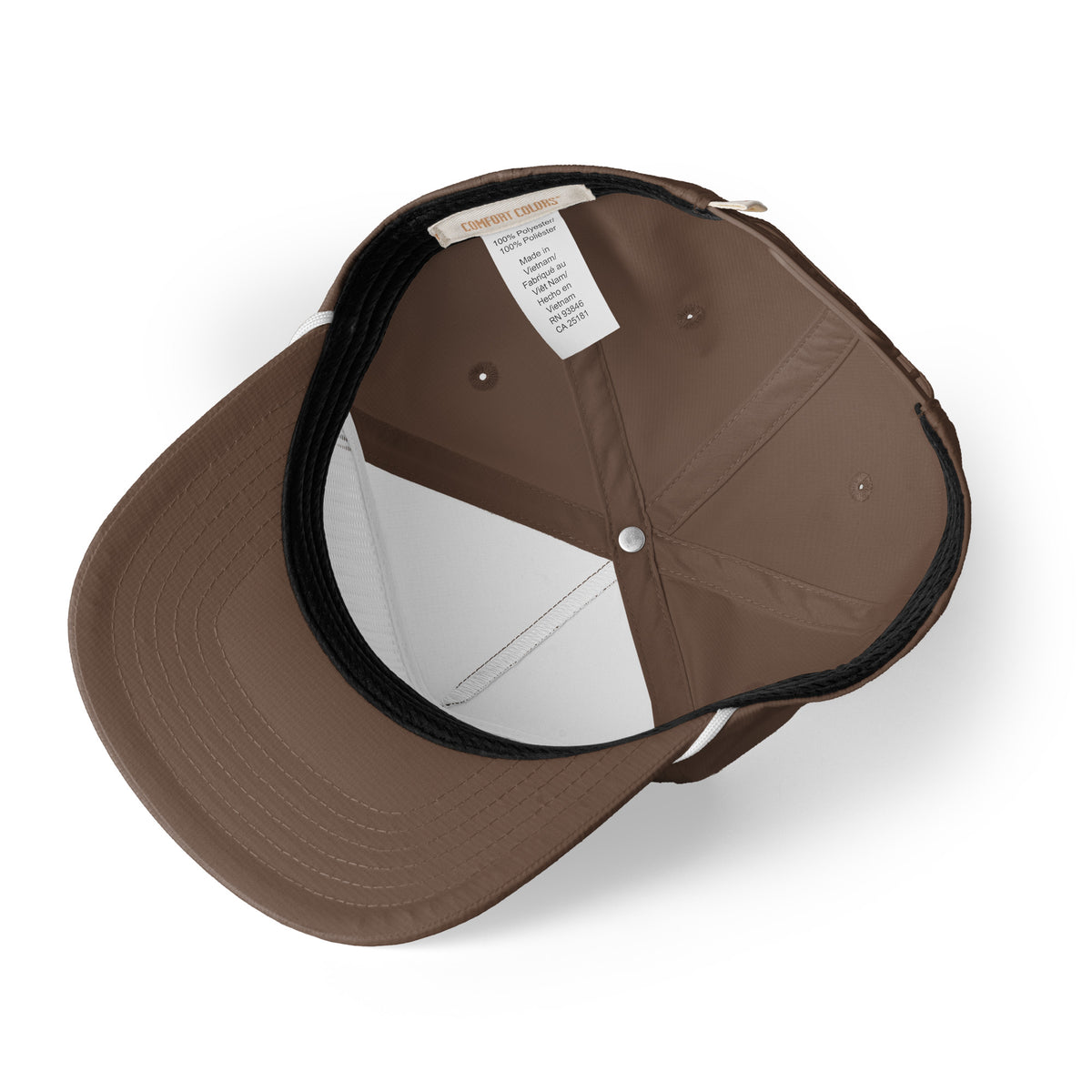 Espresso brown Entrusted 3D Puff Rope Cap, inside view showing the performance sweatband and label