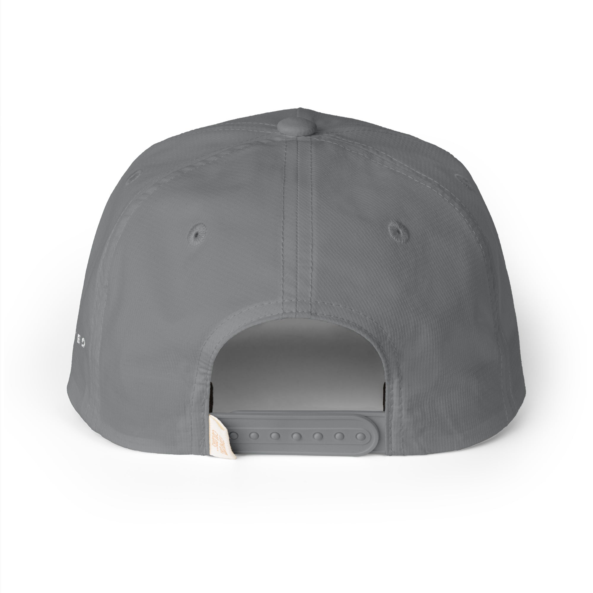 Image of Granite gray Entrusted 3D Puff Rope Cap, back view with plastic snapback closure and woven label