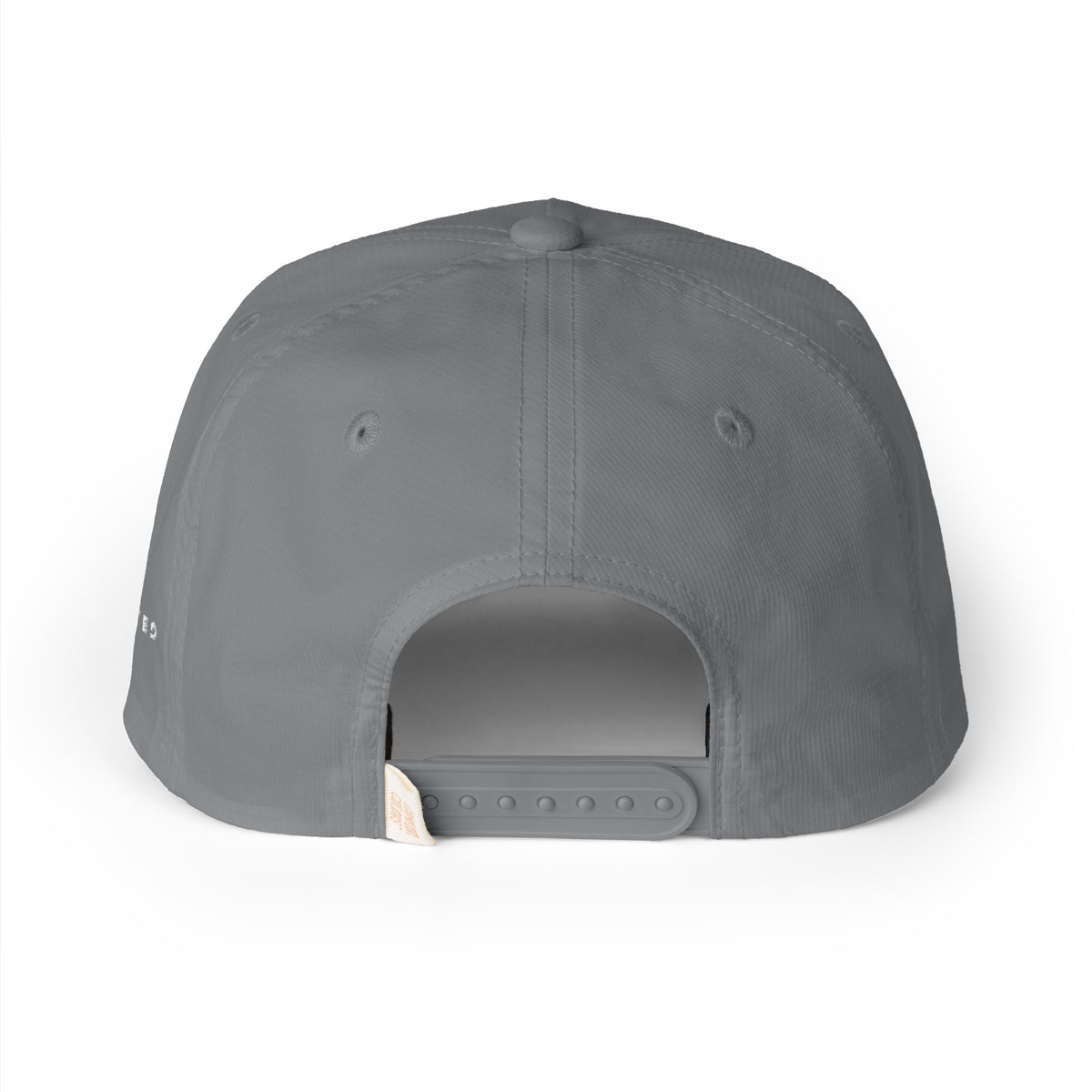Granite gray Entrusted 3D Puff Rope Cap, back view with plastic snapback closure and woven label