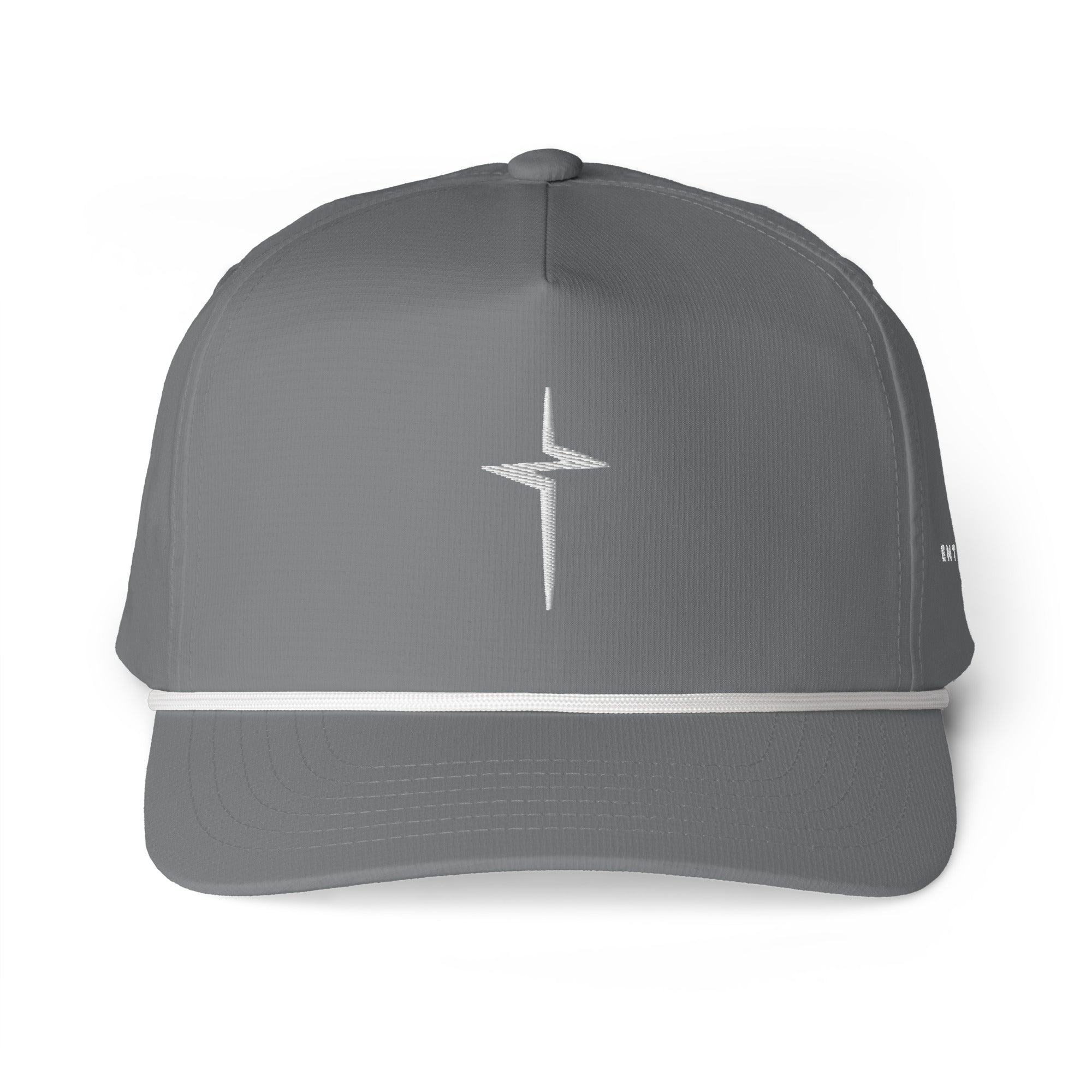 Image of Granite gray Entrusted 3D Puff Rope Cap, front view, 3D puff embroidered cross above a white rope trim