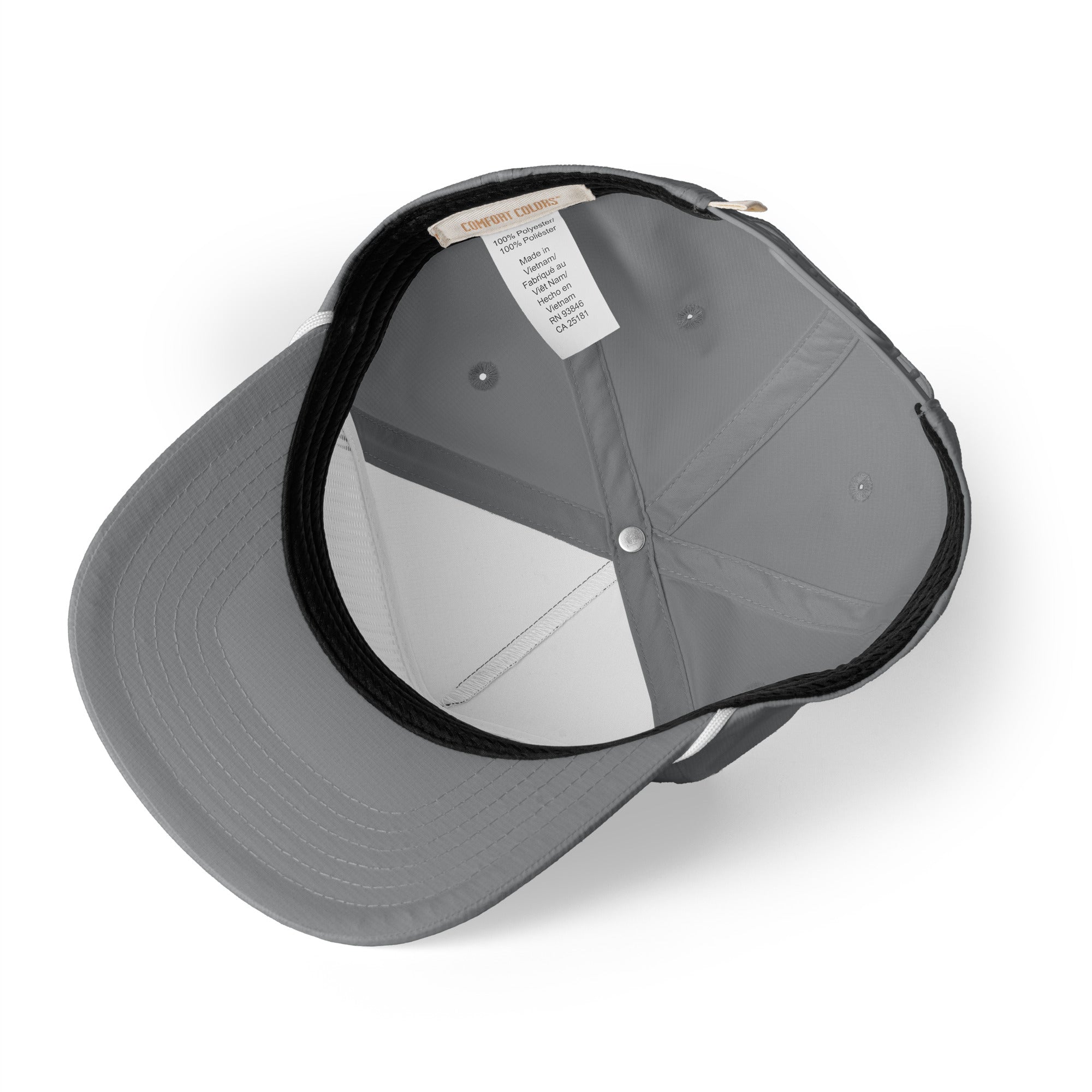 Image of Granite gray Entrusted 3D Puff Rope Cap, inside view showing the performance sweatband and label