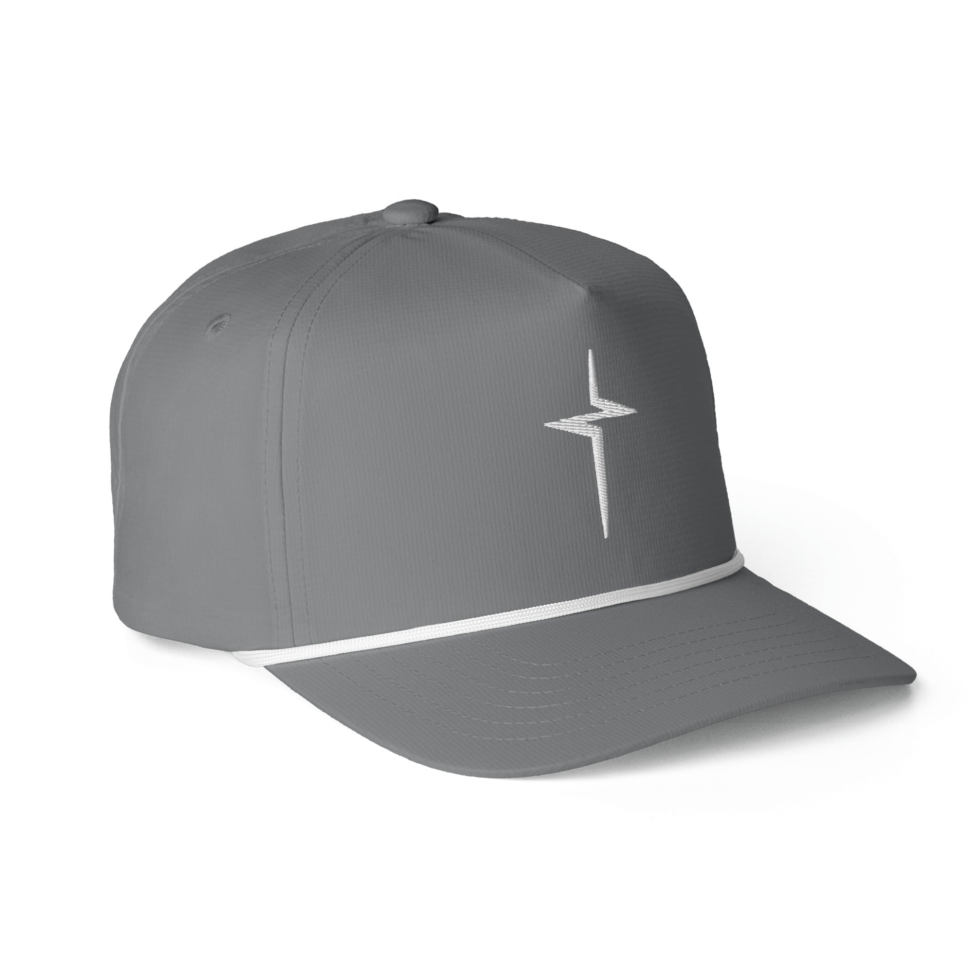 Image of Granite gray Entrusted 3D Puff Rope Cap, three-quarter view showing the 3D puff cross and curved bill