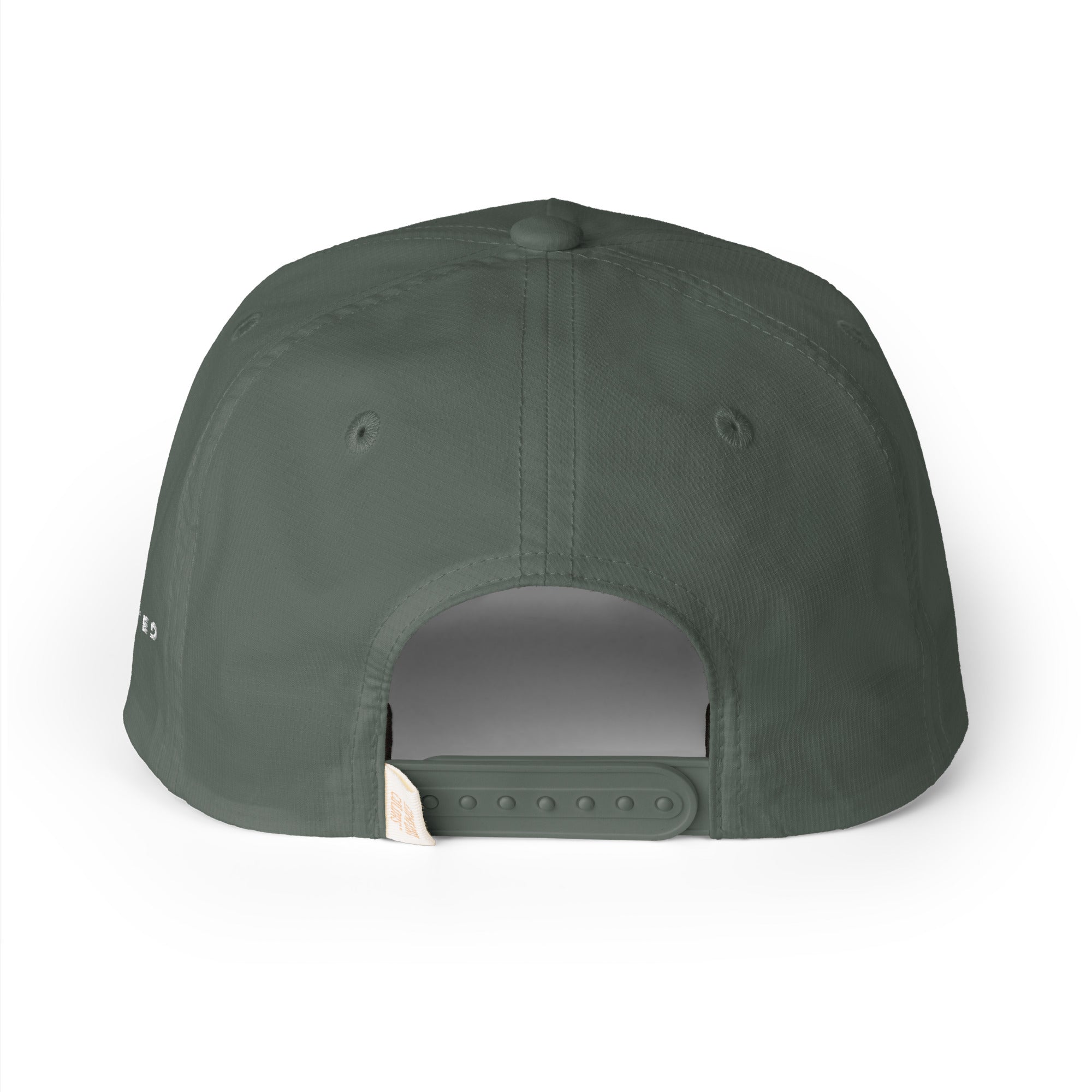 Image of Moss green Entrusted 3D Puff Rope Cap, back view with plastic snapback closure and woven label