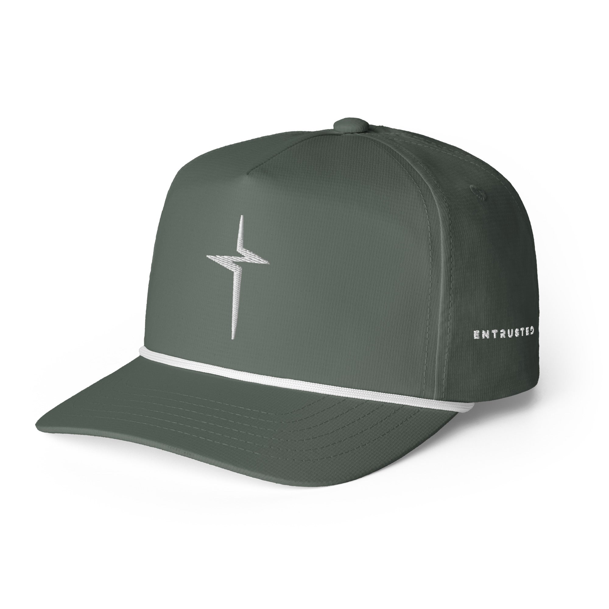 Image of Moss green Entrusted 3D Puff Rope Cap, three-quarter view with ENTRUSTED lettering on the side panel