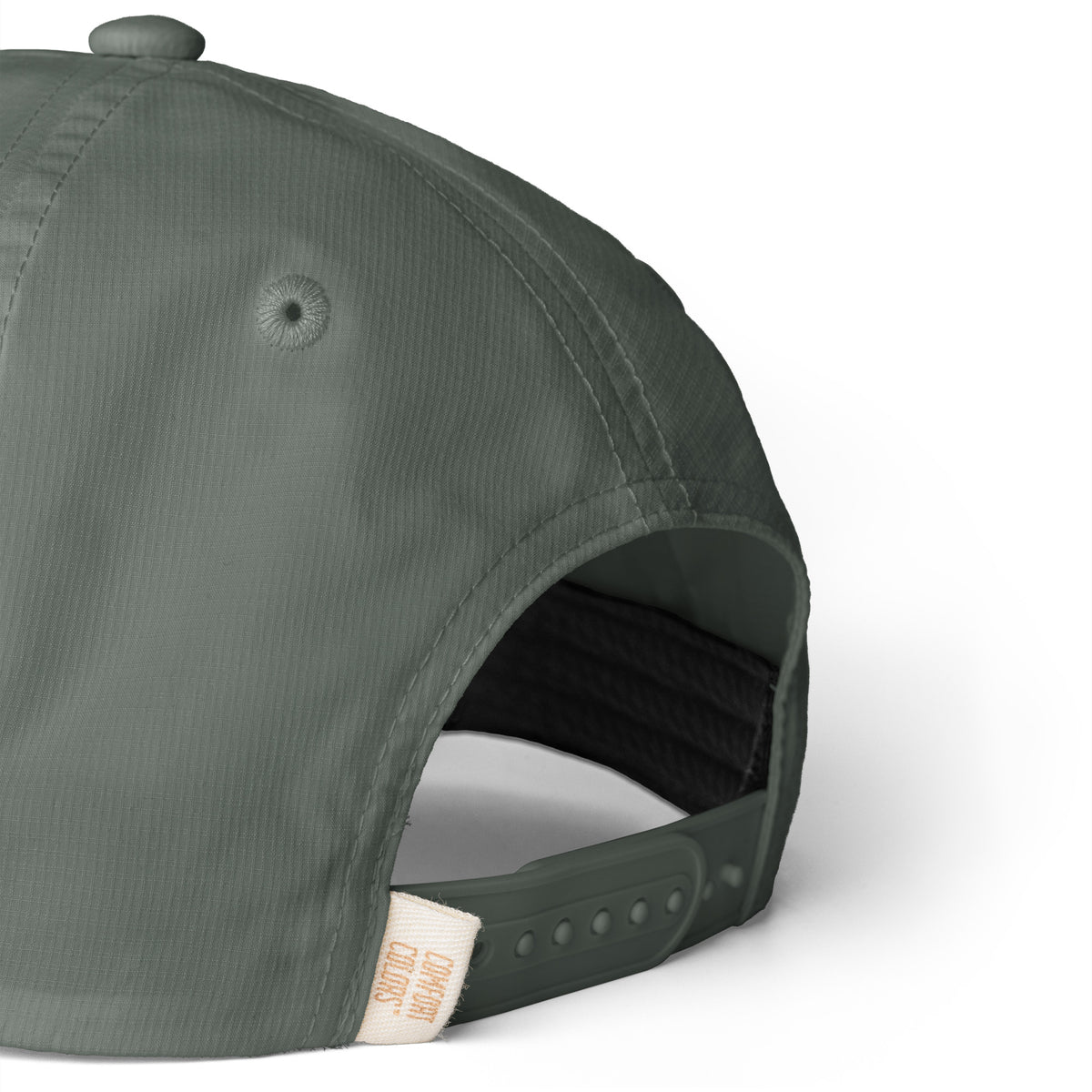 Moss green Entrusted 3D Puff Rope Cap, close-up of the ripstop fabric and snapback strap