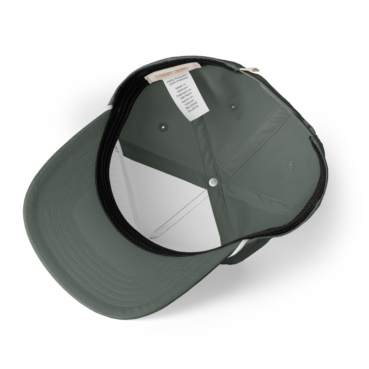 Moss green Entrusted 3D Puff Rope Cap, inside view showing the performance sweatband and label