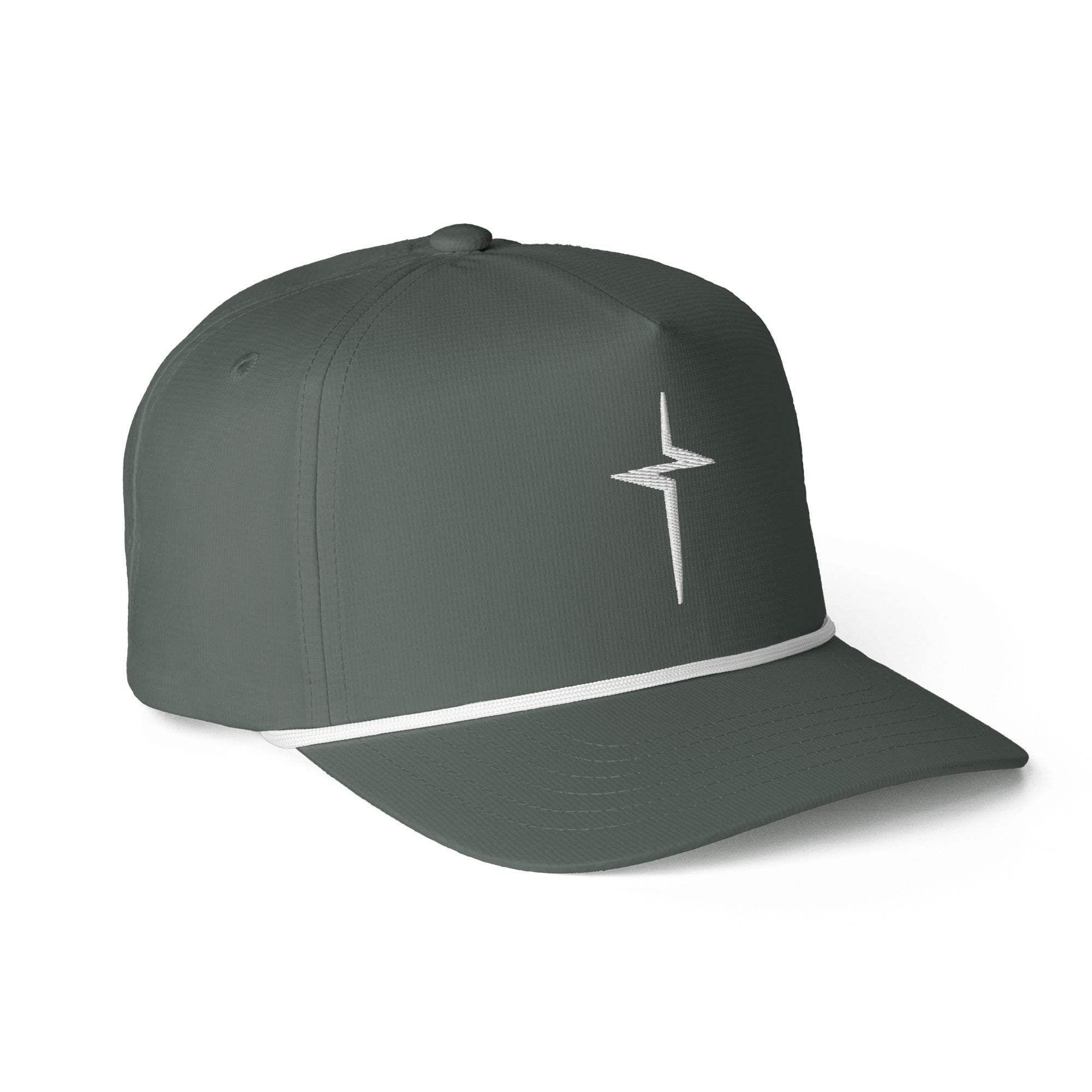 Image of Moss green Entrusted 3D Puff Rope Cap, three-quarter view showing the 3D puff cross and curved bill