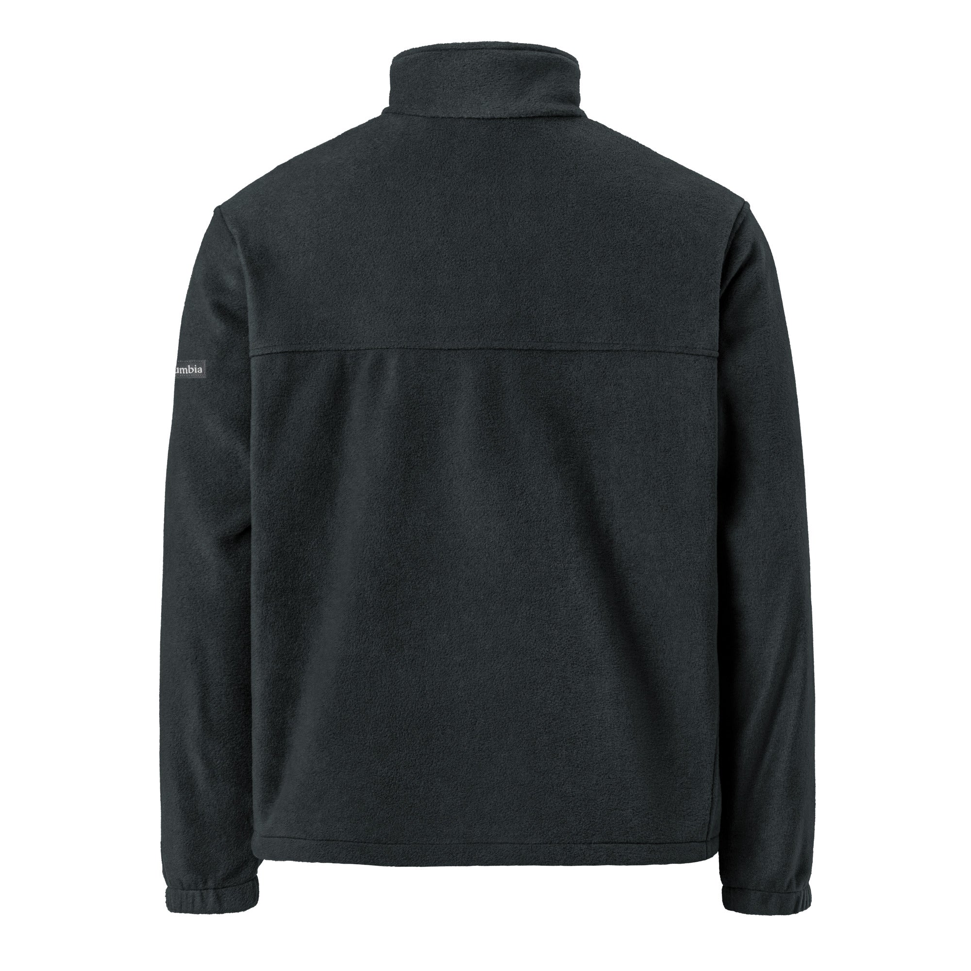 Image of Back view of the Born Twice Columbia fleece jacket in black with a plain back and stand-up collar