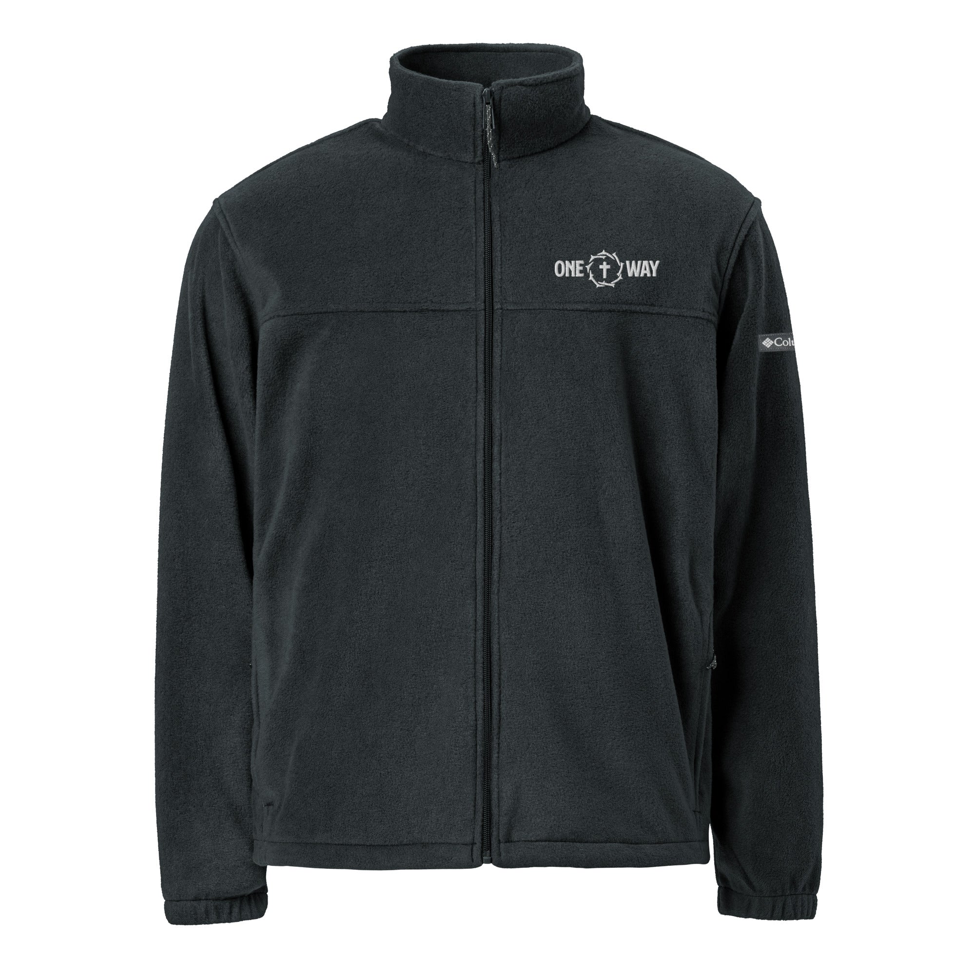 Image of One Way embroidered Columbia fleece jacket in black, front view with the ONE WAY cross and crown of thorns on the left chest