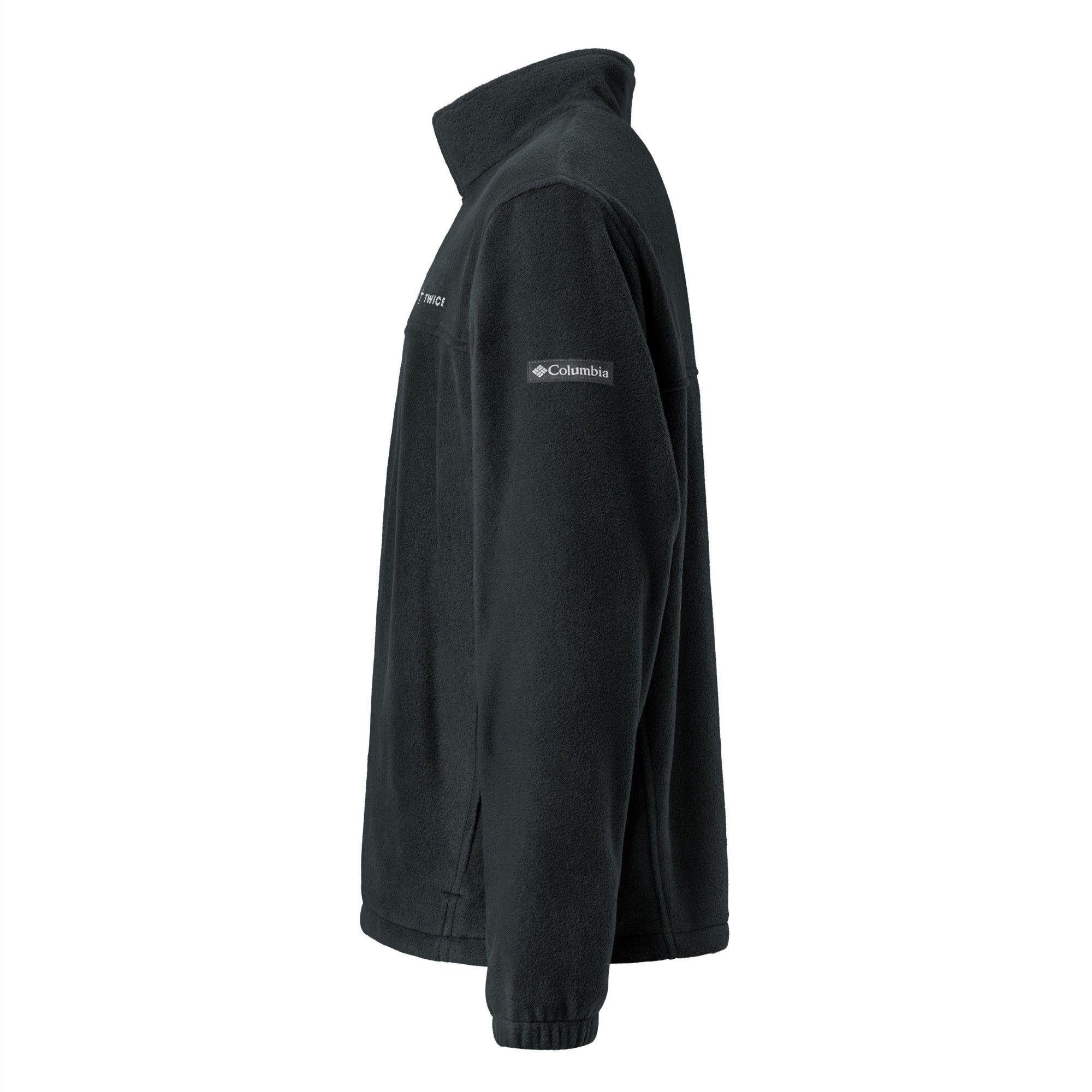Image of Left side view of the Born Twice Columbia fleece jacket in black showing the Columbia logo on the sleeve