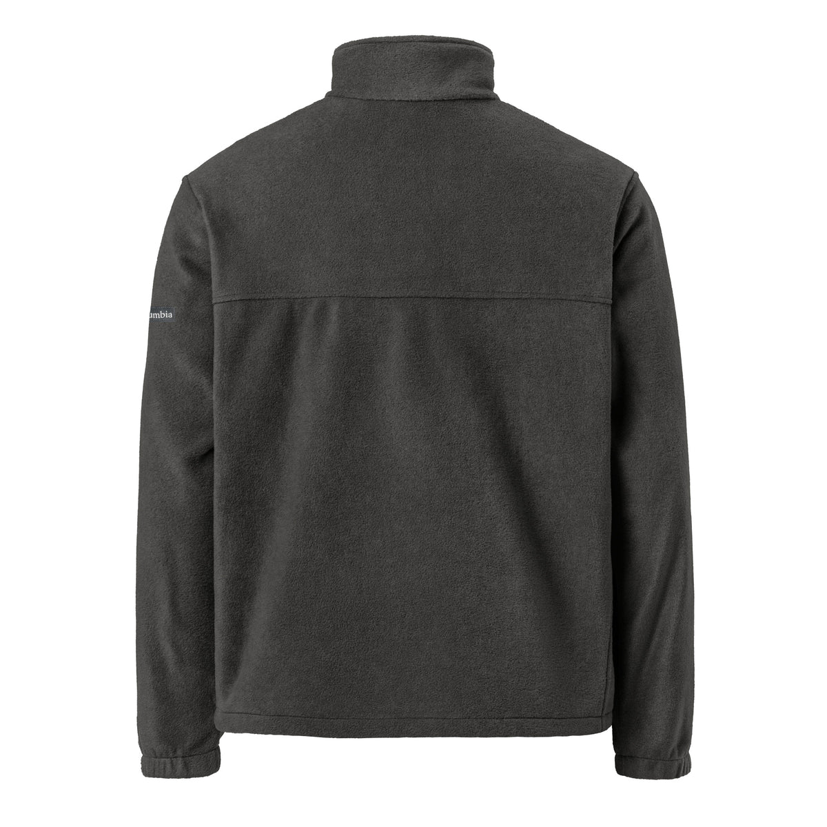 Back view of the One Way Columbia fleece jacket in charcoal heather with a plain back and stand-up collar