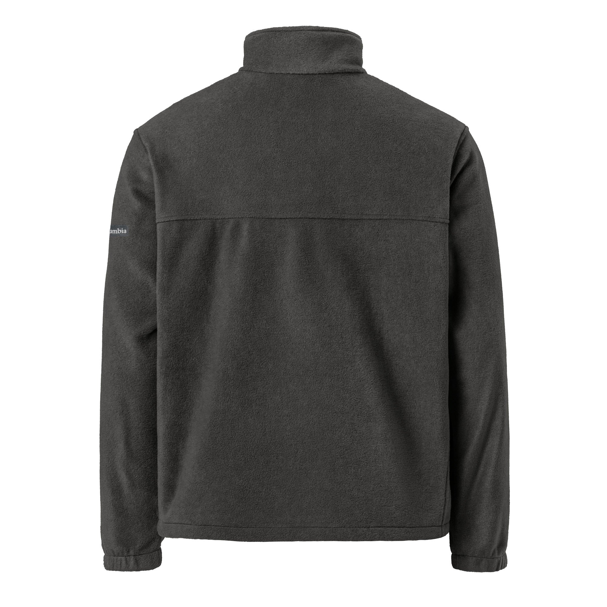 Image of Back view of the Born Twice Columbia fleece jacket in charcoal heather with a plain back and stand-up collar