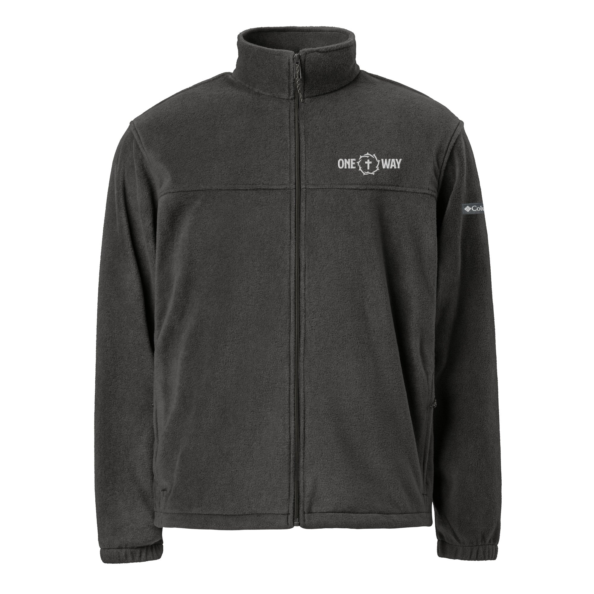 Image of One Way embroidered Columbia fleece jacket in charcoal heather, front view with the ONE WAY cross and crown of thorns on the left chest