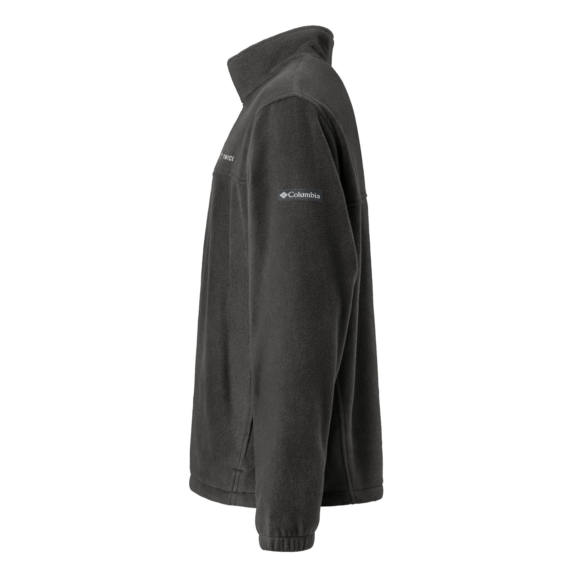 Image of Left side view of the Born Twice Columbia fleece jacket in charcoal heather showing the Columbia logo on the sleeve
