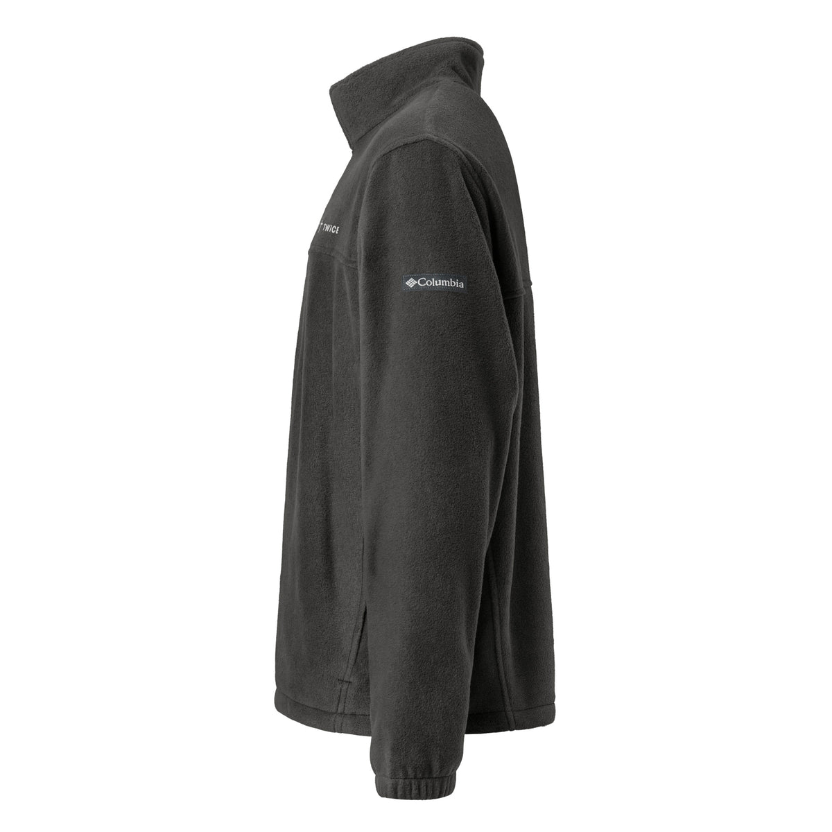 Left side view of the Born Twice Columbia fleece jacket in charcoal heather showing the Columbia logo on the sleeve